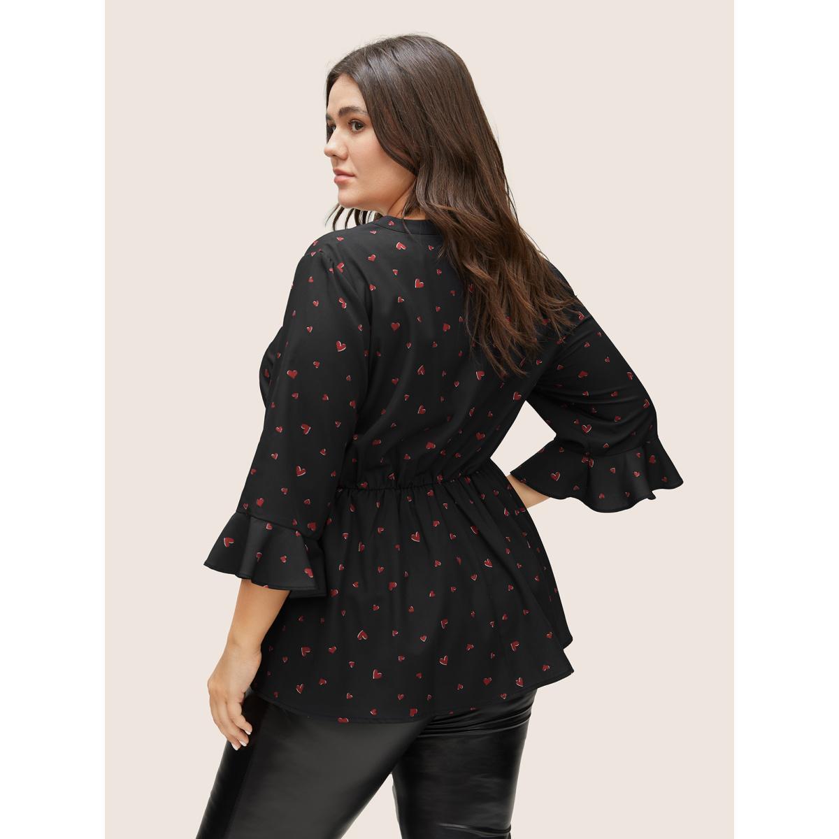 Plus Size Black Heart Print Flutter Sleeve Elastic Waist Blouse Women Elegant Elbow-length sleeve V-neck Everyday Blouses BloomChic 30/6X Product Image