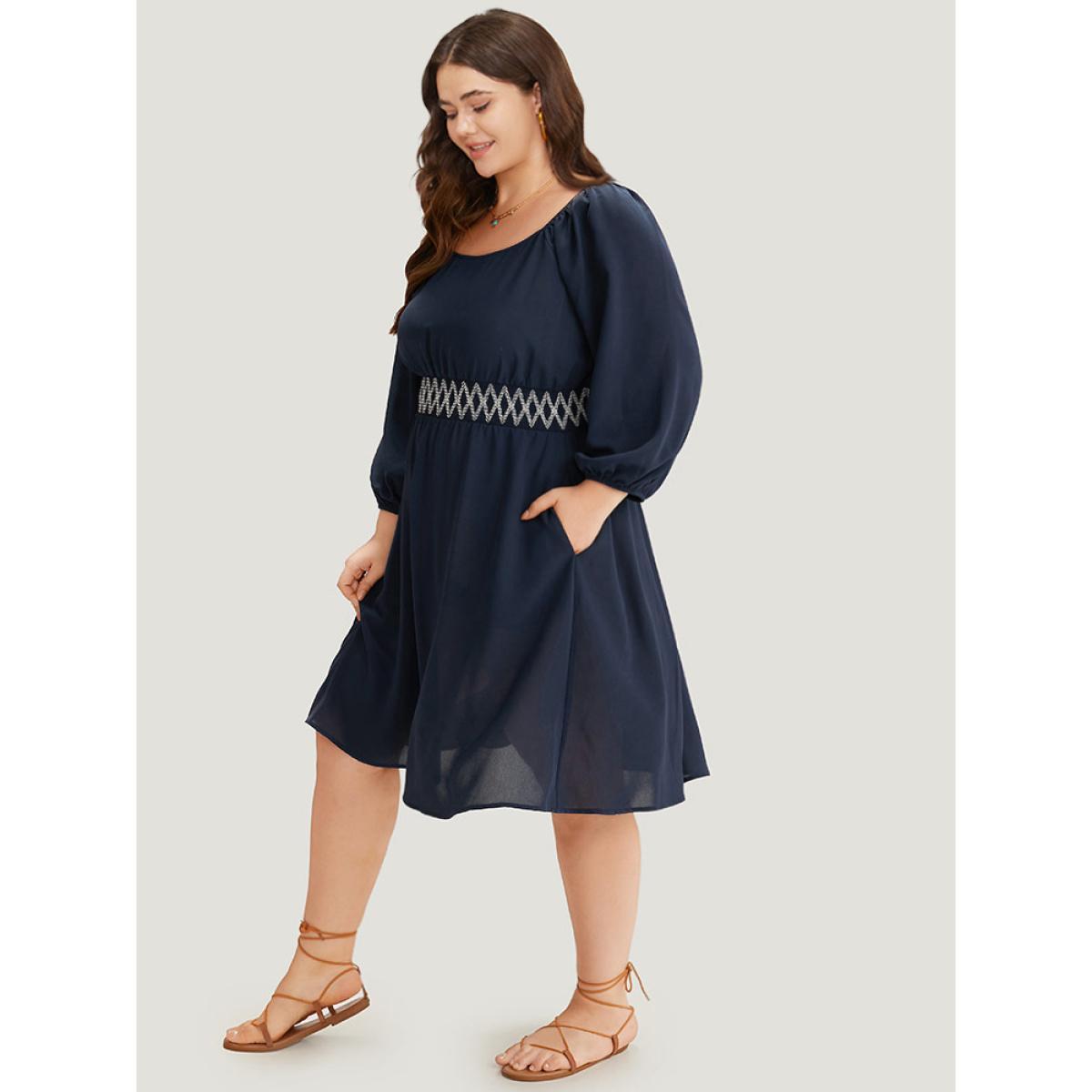 Plus Size Bandana Shirred Square Neck Lantern Sleeve Dress DarkBlue Women Vacation Elastic cuffs Square Neck Long Sleeve Curvy Midi Dress BloomChic 14-16/1X Product Image