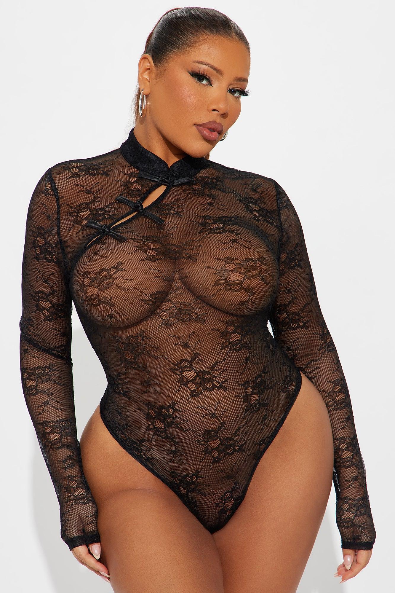 Under The Lights Sheer Lace Long Sleeve Bodysuit - Black Product Image