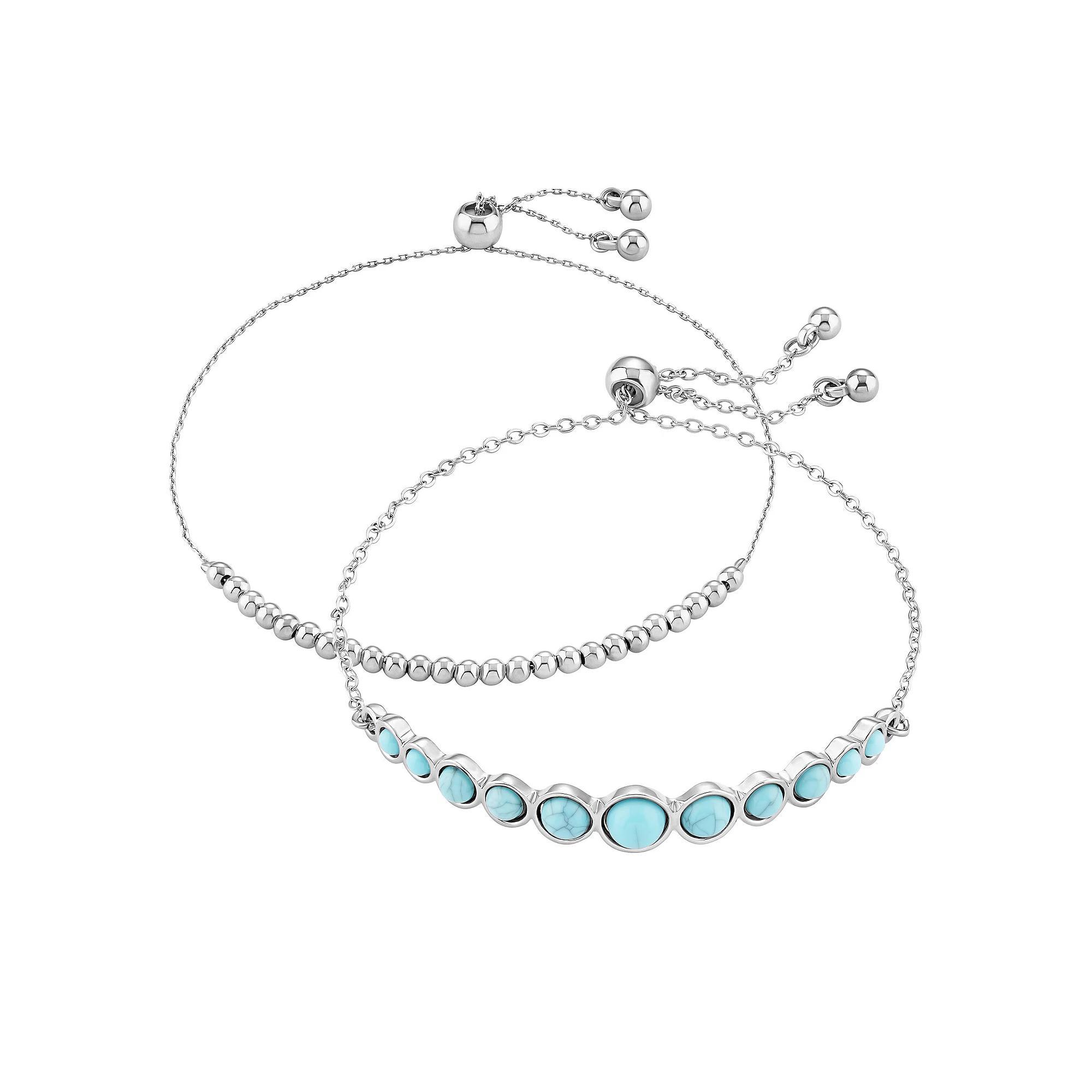 Emberly Silver Tone Polished Beaded & Simulated Turquoise Adjustable Bracelet Duo Set, Women's, Blue Product Image