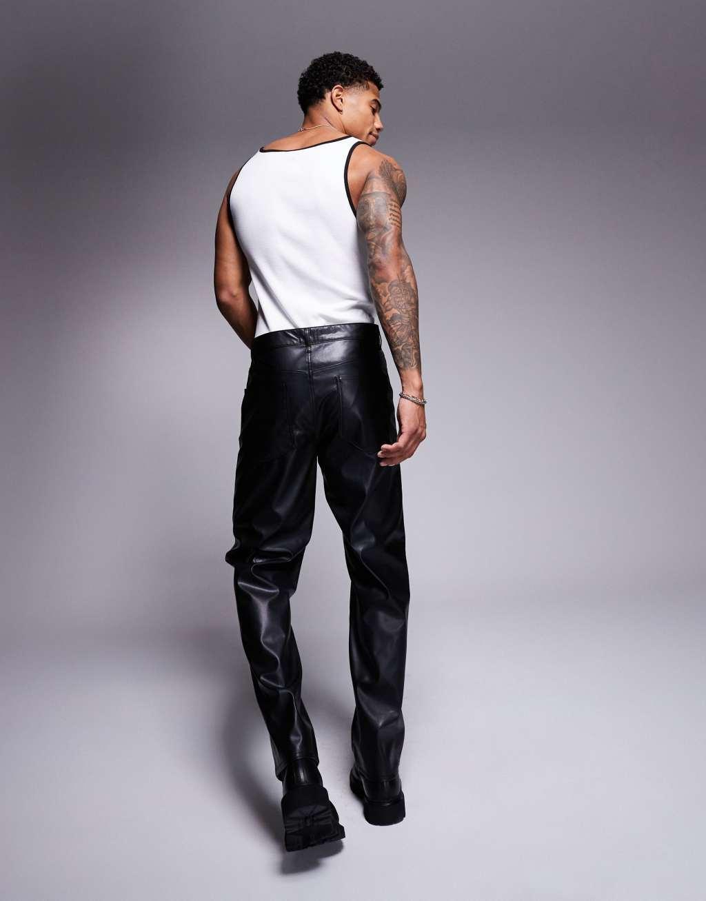 ASOS DESIGN straight leg faux leather pants in black Product Image