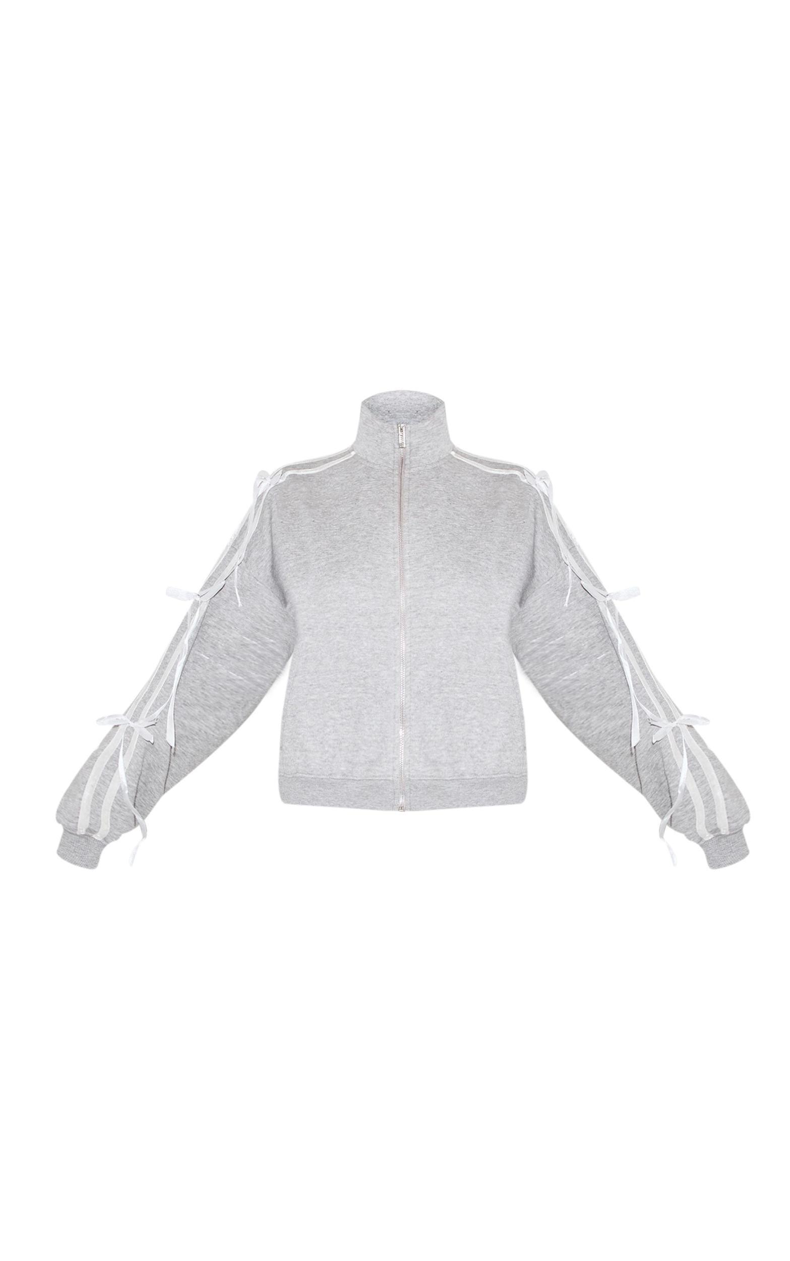 Grey Marl Velvet Bow Detail Oversized Zip Up Sweatshirt Product Image