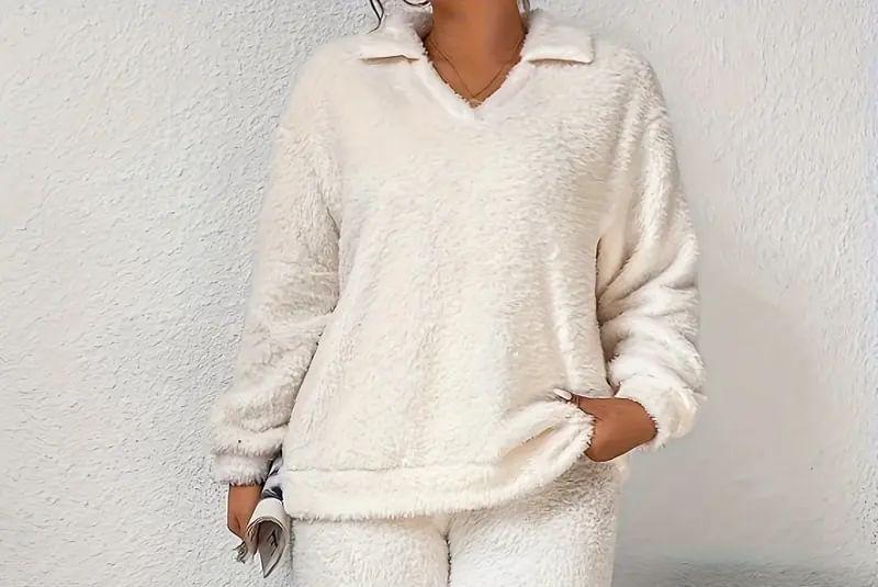 Plus Size Pajama Set: Long-Sleeve V-Neck Plain Fleece Top + Pants Product Image