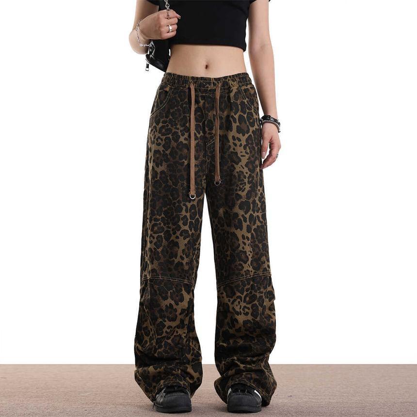 High Rise Leopard Print Wide Leg Cargo Pants Product Image