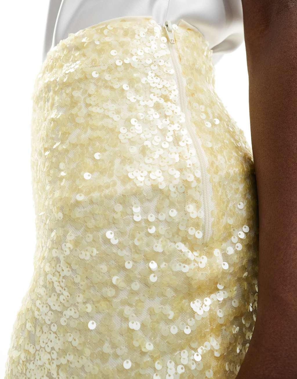 ASOS DESIGN sequin midi skirt in pastel yellow Product Image