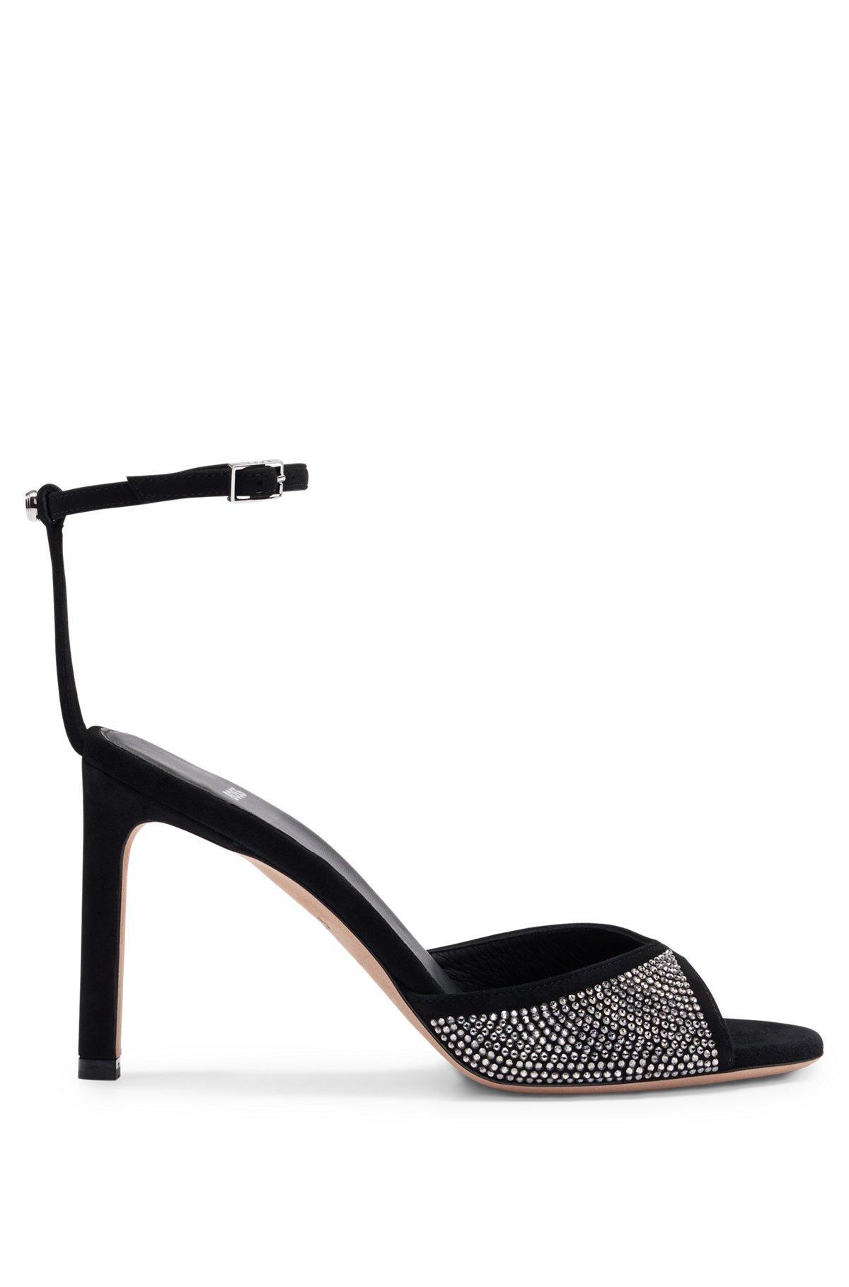 BOSS - Suede sandals with crystal studs and buckle - Black Product Image
