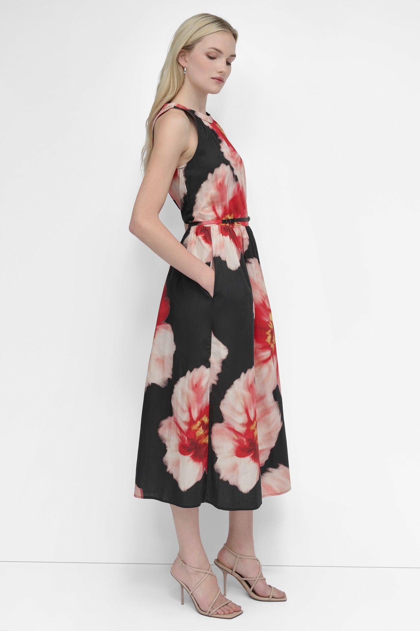 SLEEVELESS SHIRRING MIDI DRESS WITH BELT Product Image