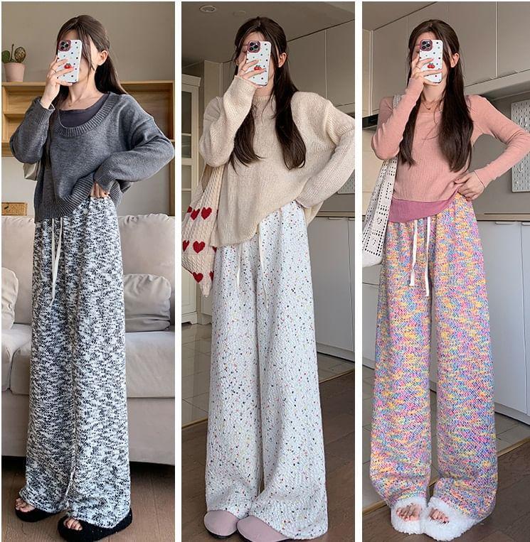 Drawstring Waist Melange Knit Wide Leg Pants Product Image