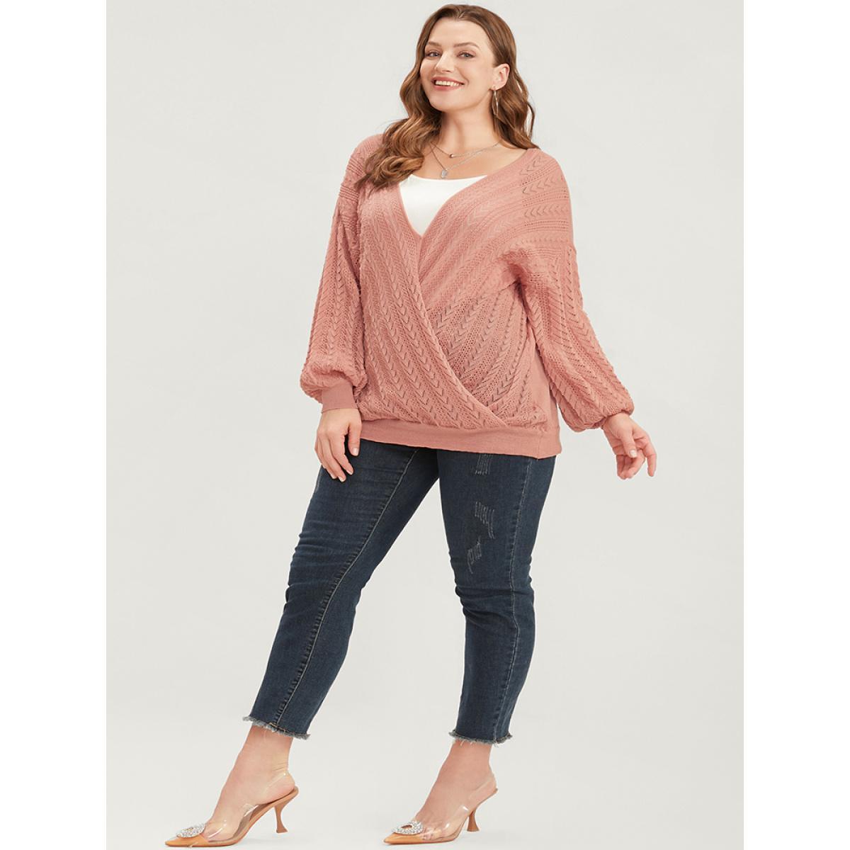 Plus Size Plain Super Soft Knit Lantern Sleeve Wrap Knit Top Chocolate Women Casual Loose Long Sleeve Deep V-neck Dailywear Pullovers BloomChic 18-20/2X Product Image