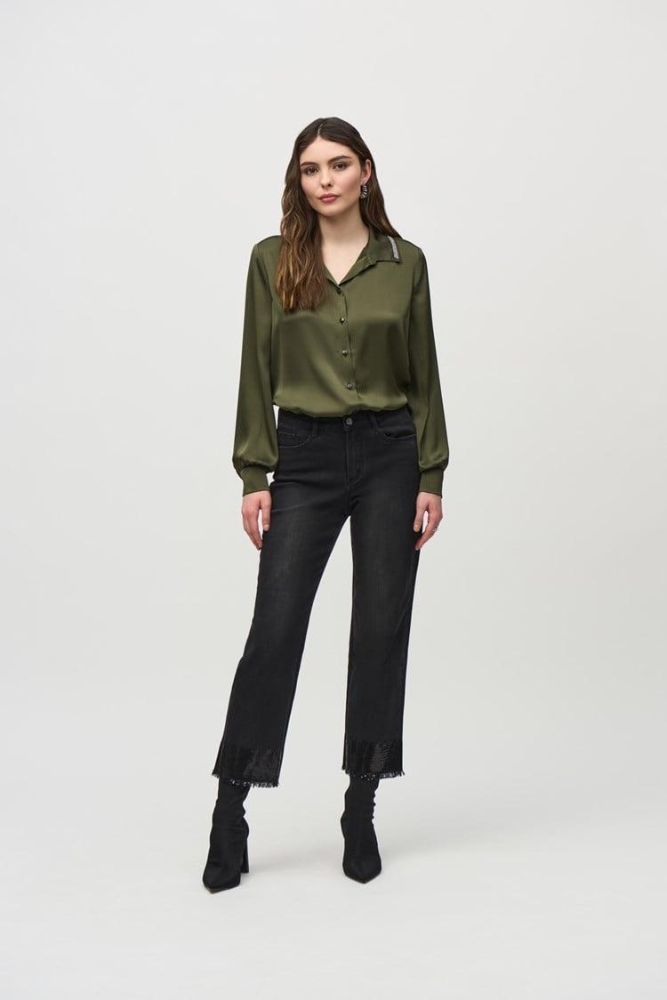 Straight Crop Denim Pants with Sequin Trim- Black Product Image