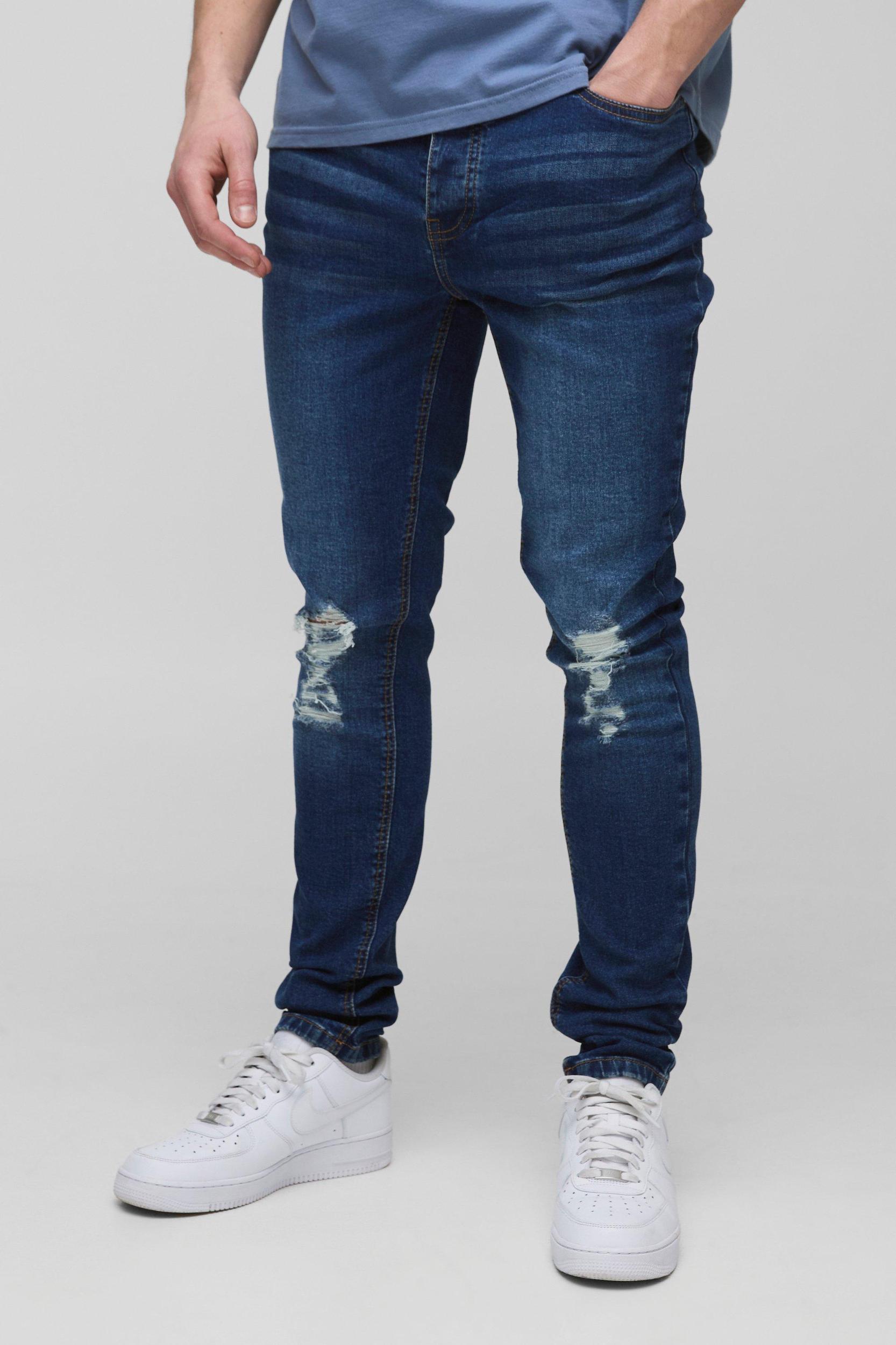 Mens Tall Skinny Ripped Stretch Jeans - Blue Product Image