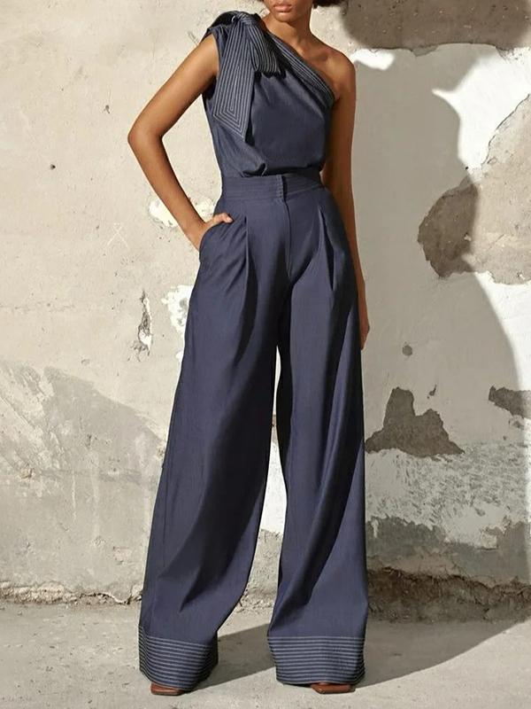 High Waisted Loose Pleated Split-Joint Jean Pants Bottoms Product Image