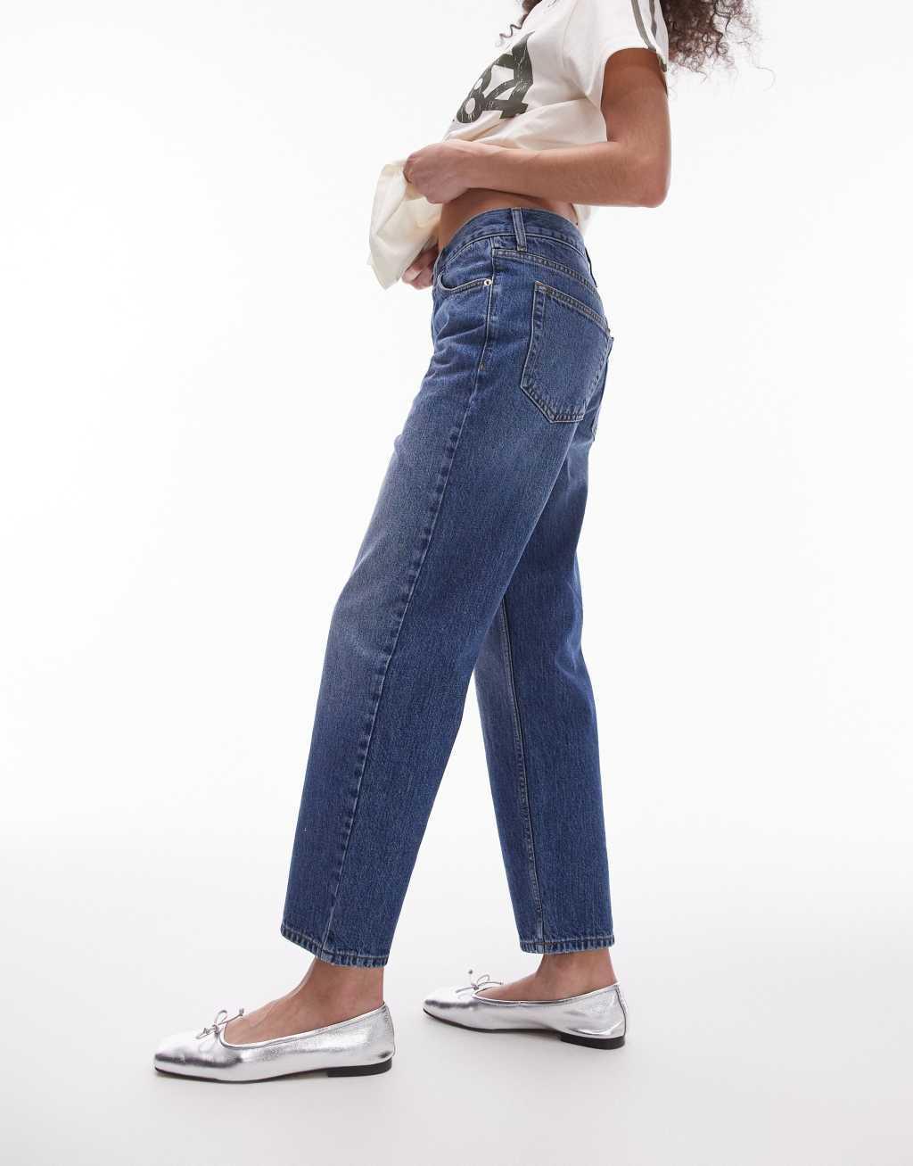 Topshop Runway cropped mid rise straight jeans in mid blue Product Image