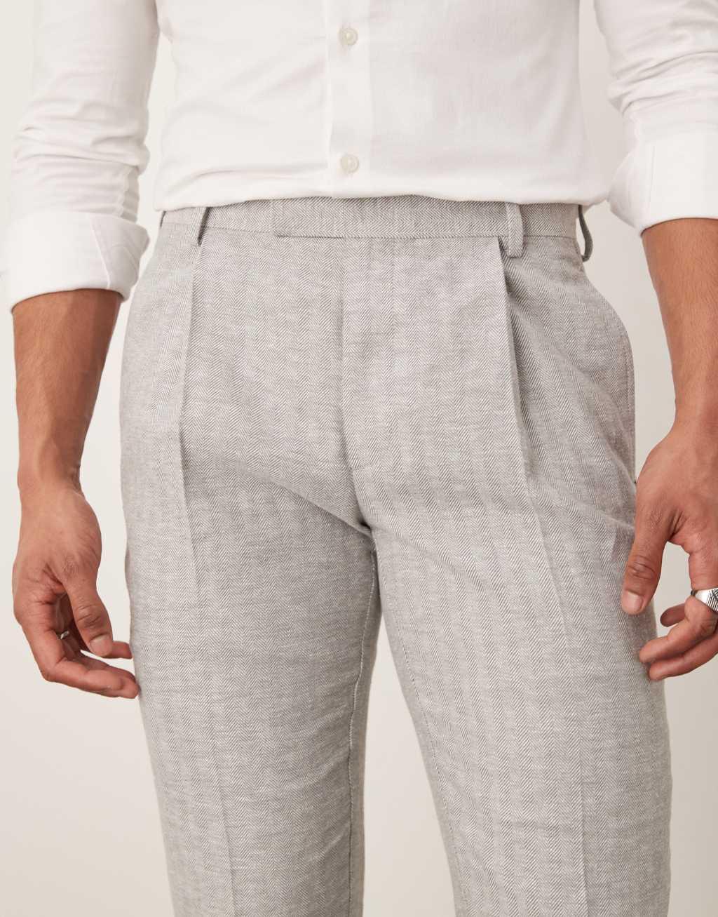 ASOS DESIGN linen cotton blend slim suit pants in gray herringbone Product Image