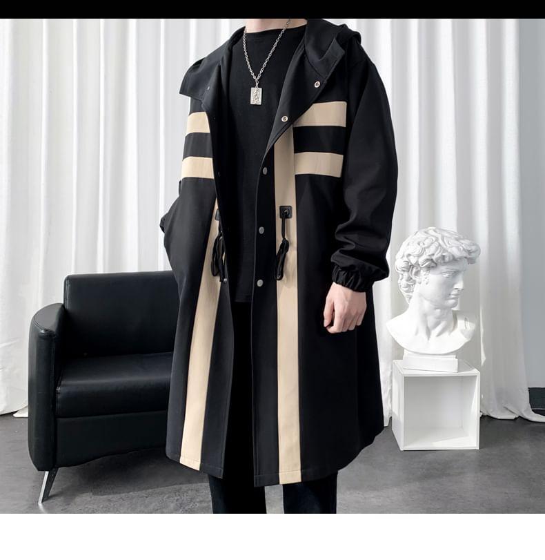 Striped Hooded Midi Single-Breasted Jacket Product Image