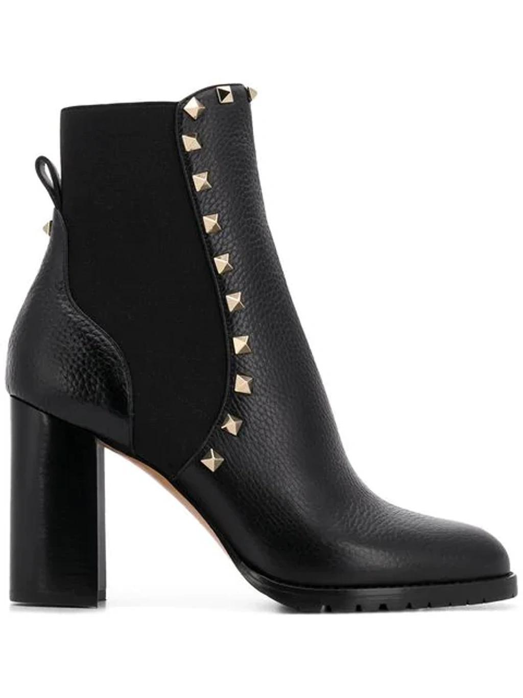 VALENTINO GARAVANI Rockstud Pebbled-leather Ankle Boots In Black Product Image