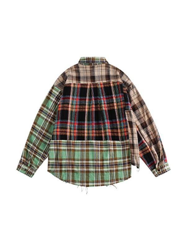 Irregular Plaid Splice Long Sleeve Blouse Product Image
