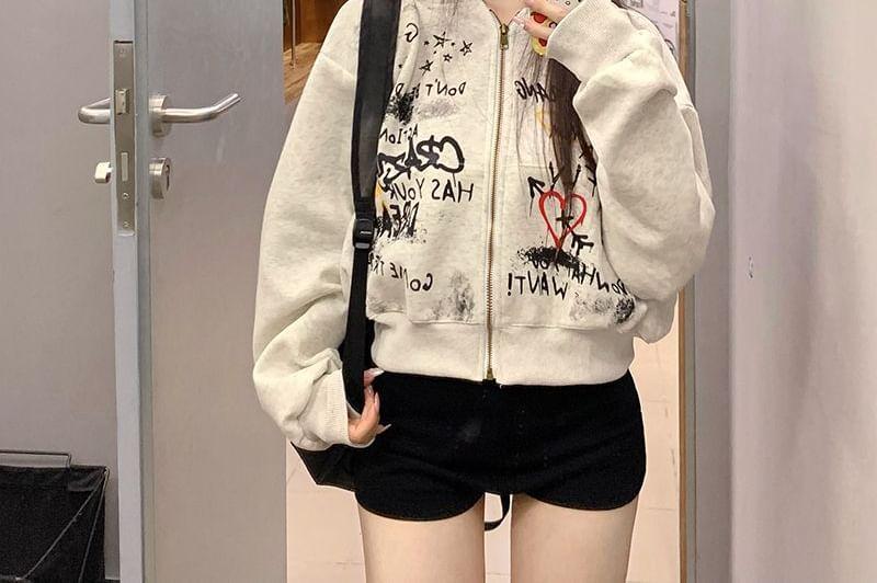 Lettering Print Zip-Up Crop Hoodie Product Image