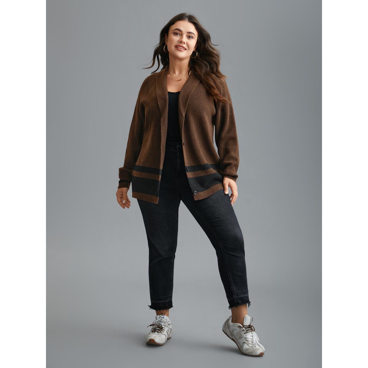 Plus Size Collared Button Front Striped Hem Knit Cardigan DarkBrown Women Casual Loose Long Sleeve Everyday Cardigans BloomChic 18-20/2X Product Image