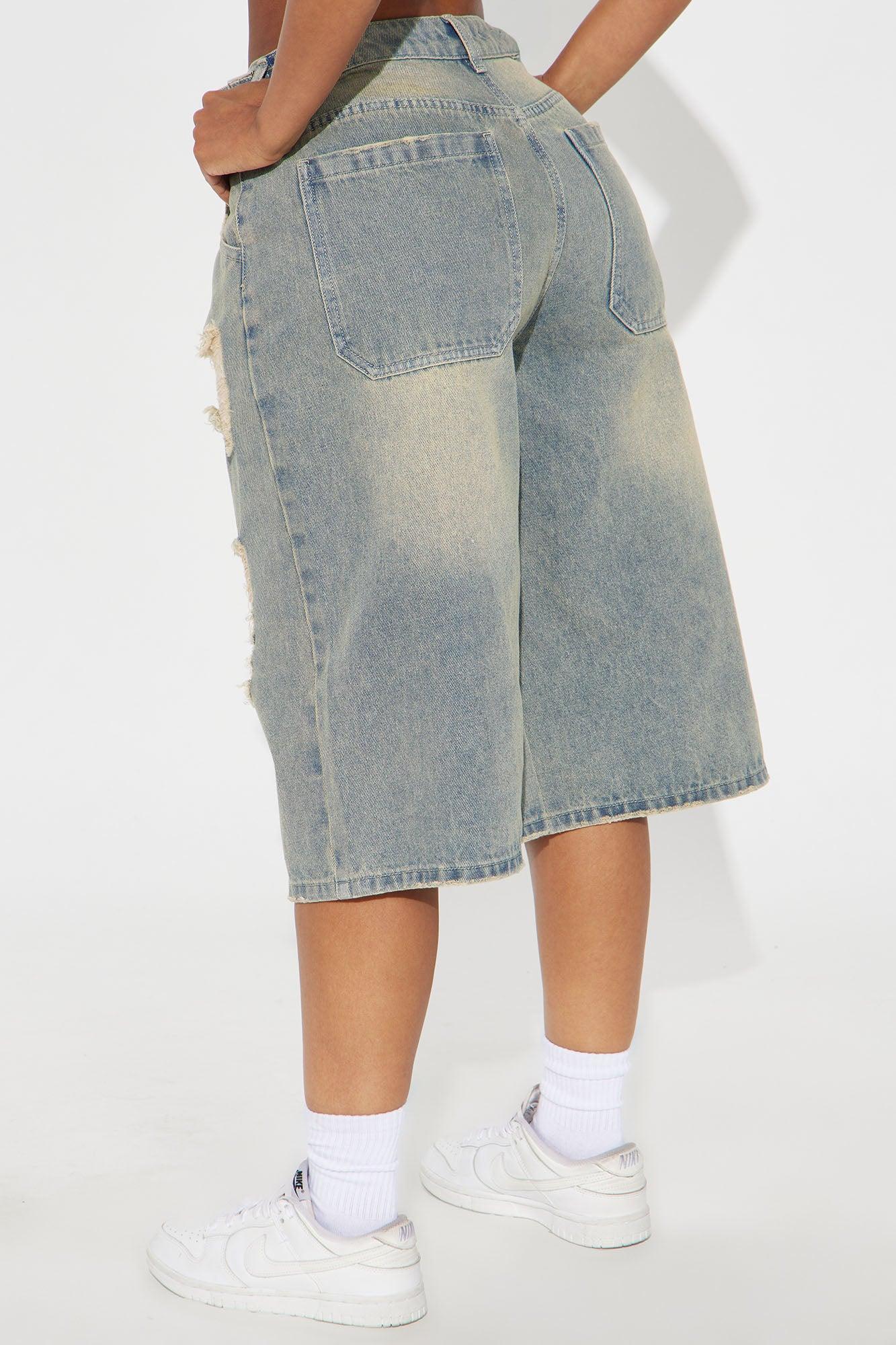 Big Deal Destructed Waistband Tabs Denim Jorts - Vintage Wash Product Image