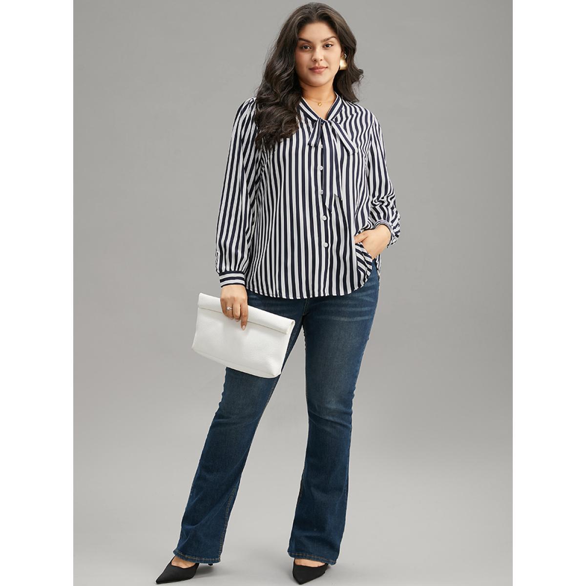 Plus Size Indigo Striped Bowknot V Neck Curved Hem Woven Top Women Office Long Sleeve Shirt collar Work Blouses BloomChic 28/5X Product Image
