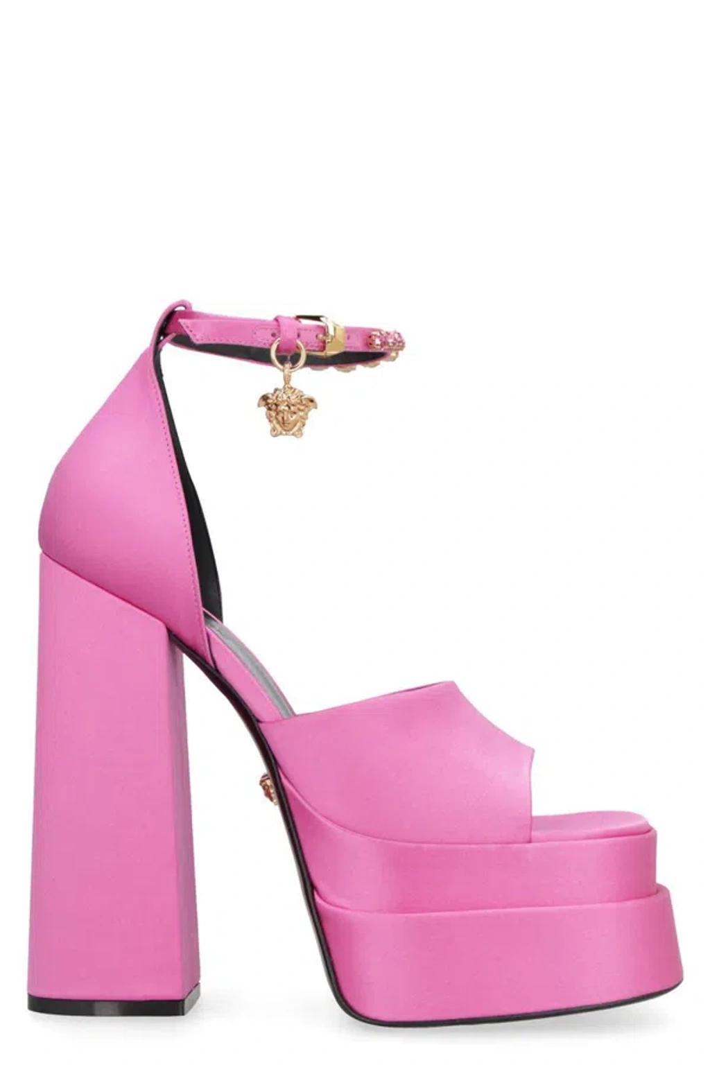 Pink Satin Sandals With Rhinestones And Adjustable Ankle Strap For Women Product Image