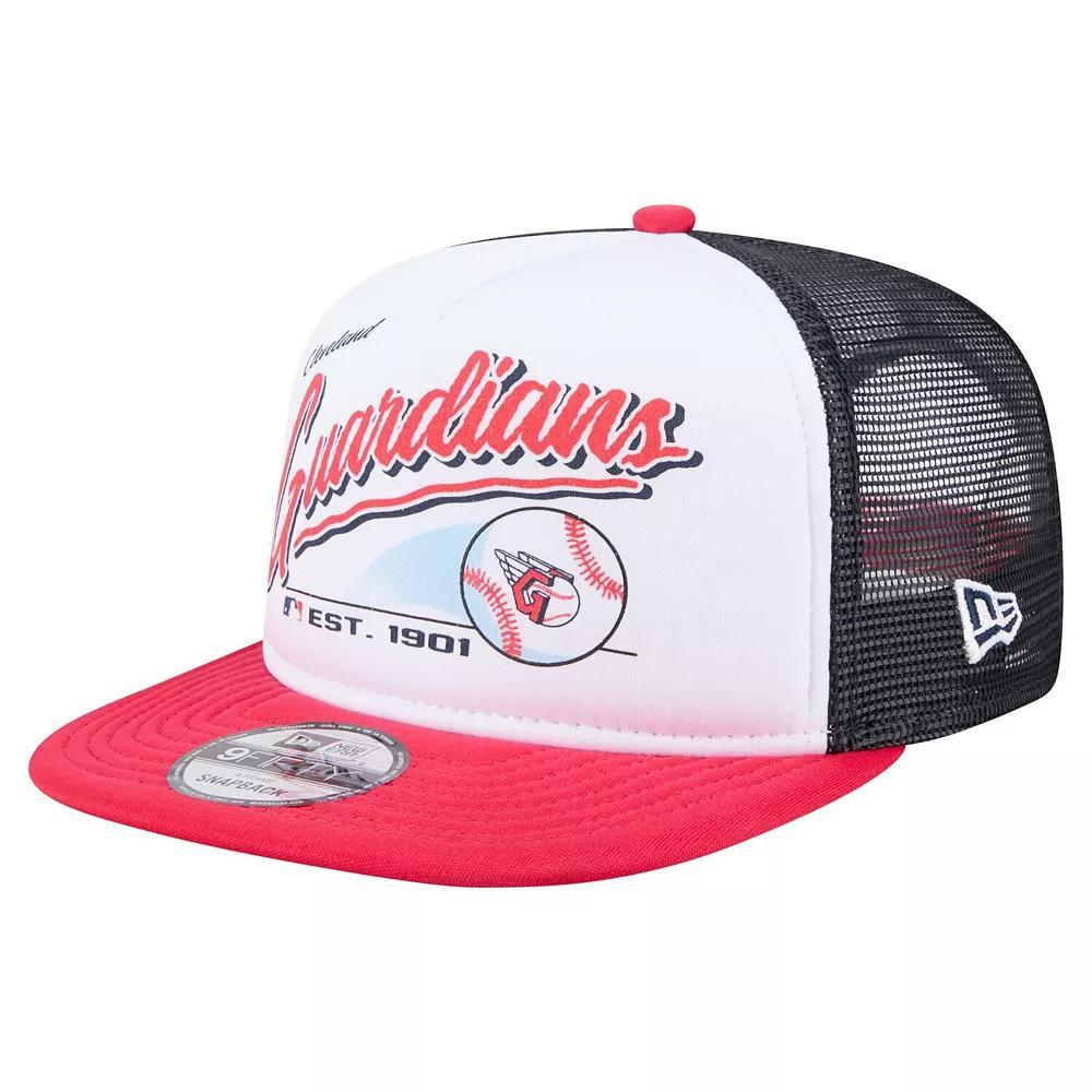 Men's New Era White/Red Cleveland Guardians Retro Script Trucker 9FIFTY Snapback Hat, Grd White Product Image