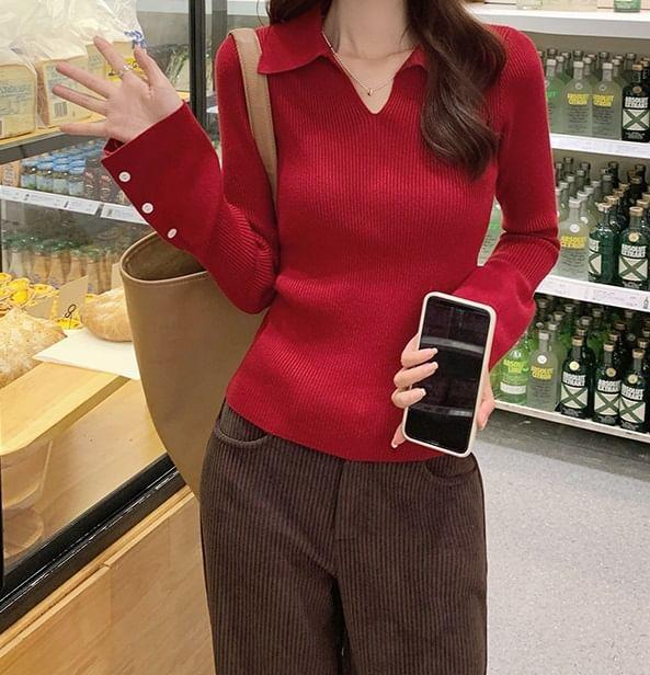 Long-Sleeve Collar V-Neck Plain Ribbed Knit Top Product Image