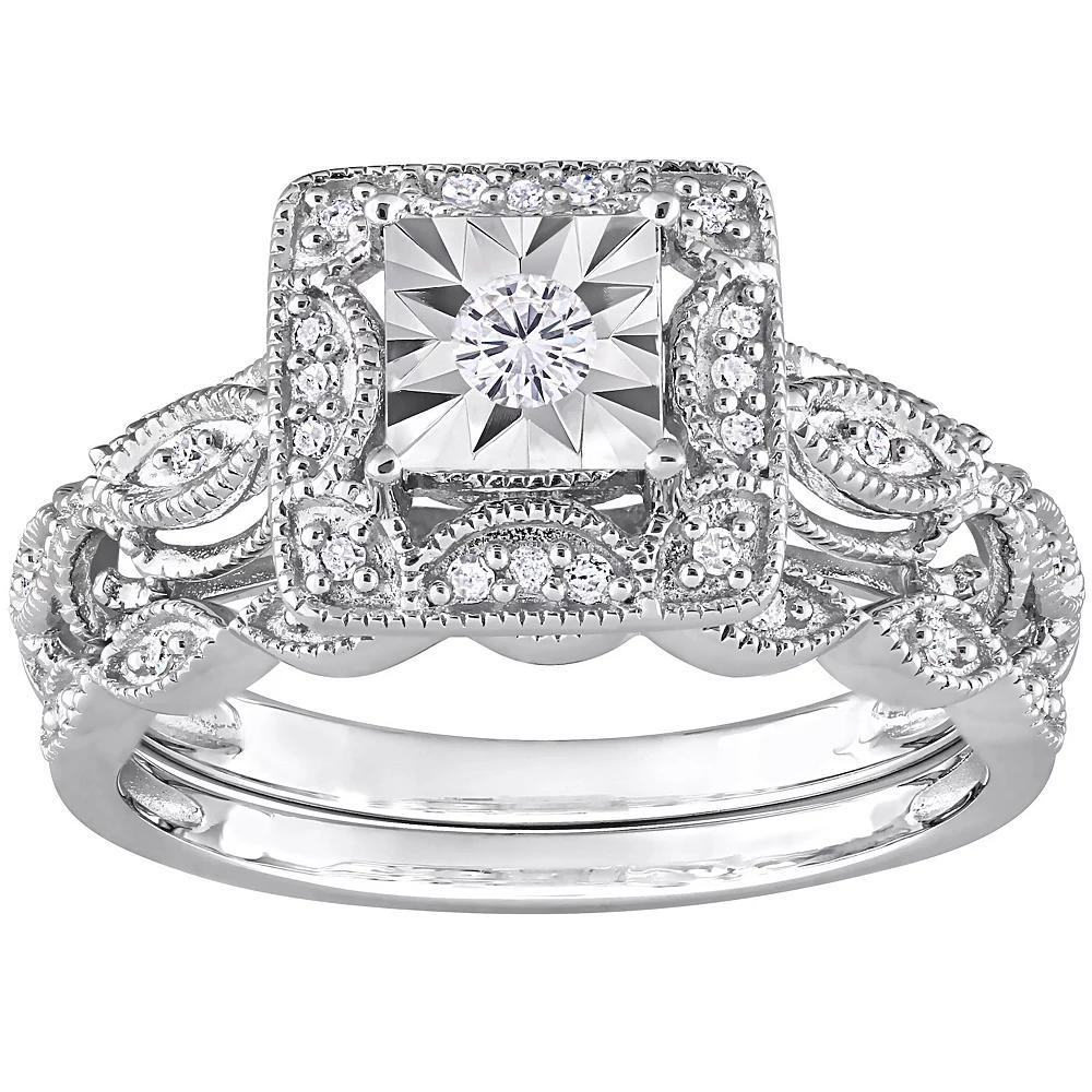 Stella Grace Sterling Silver 1/5 Carat T.W. Diamond Square Halo Engagement Ring Set, Women's, Size: 8 Product Image