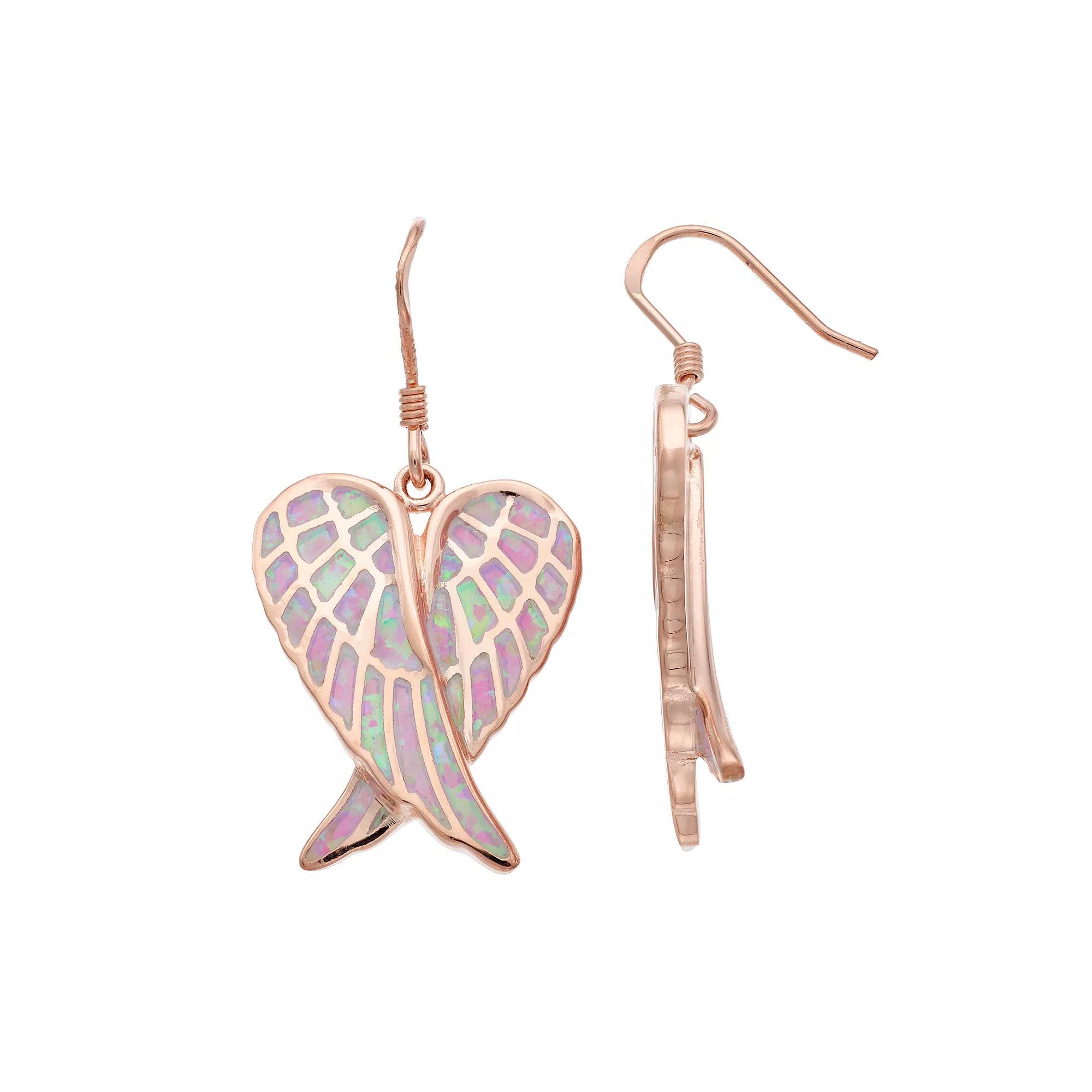 14k Rose Gold Over Silver Lab-Created Pink Opal Angel Wing Drop Earrings, Women's, Pink Tone Product Image