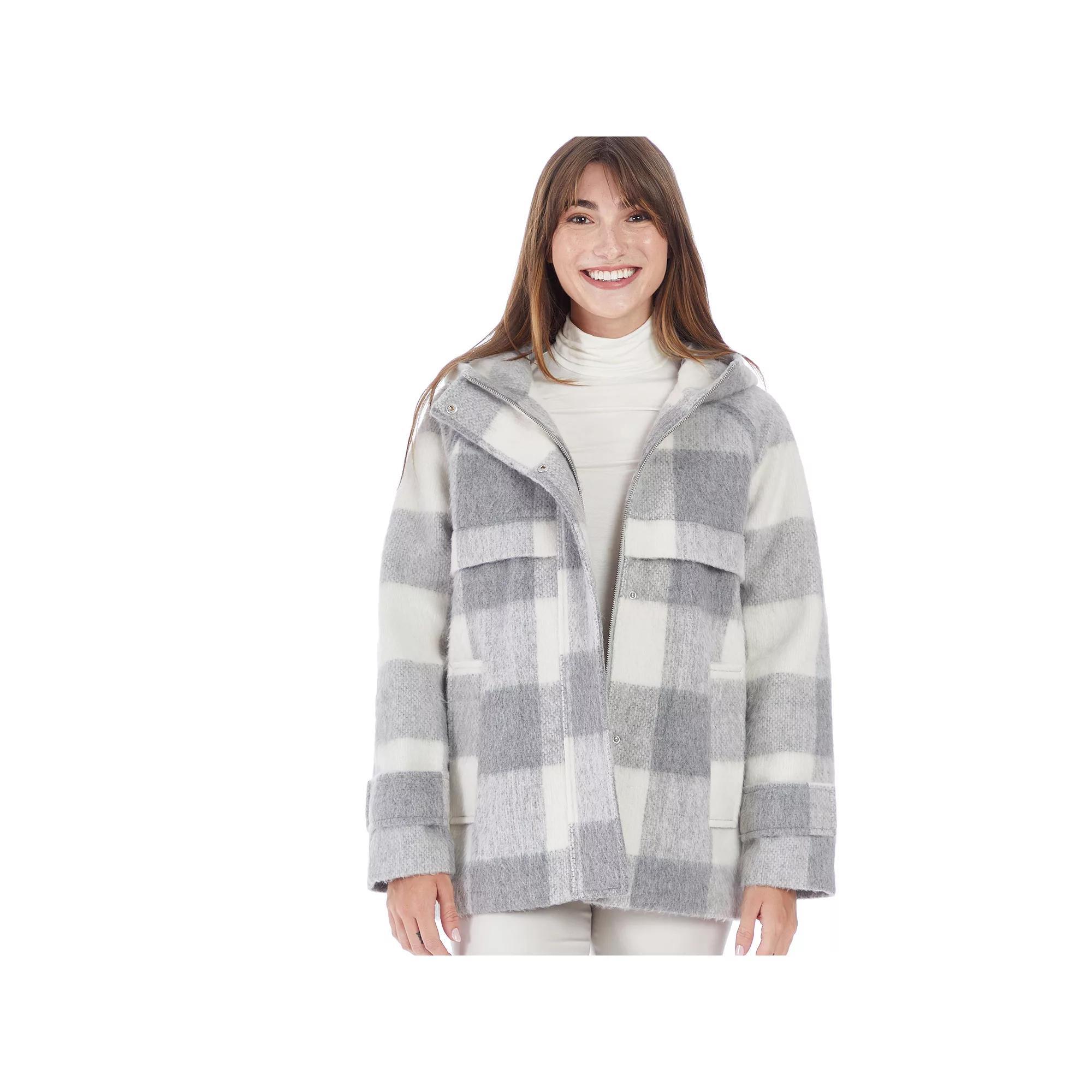 Women's Nine West Plaid Duffle Jacket, Size: Large, Gray White Plaid Product Image