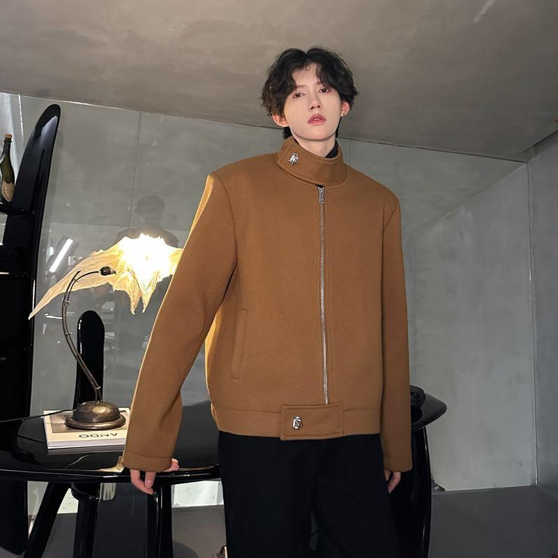 Stand Collar Plain Zip Jacket Product Image