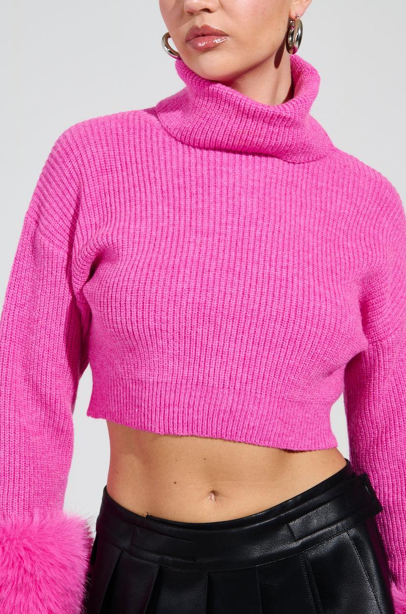 SYDNEY FUR CUFF CROPPED SWEATER IN HOT PINK Product Image