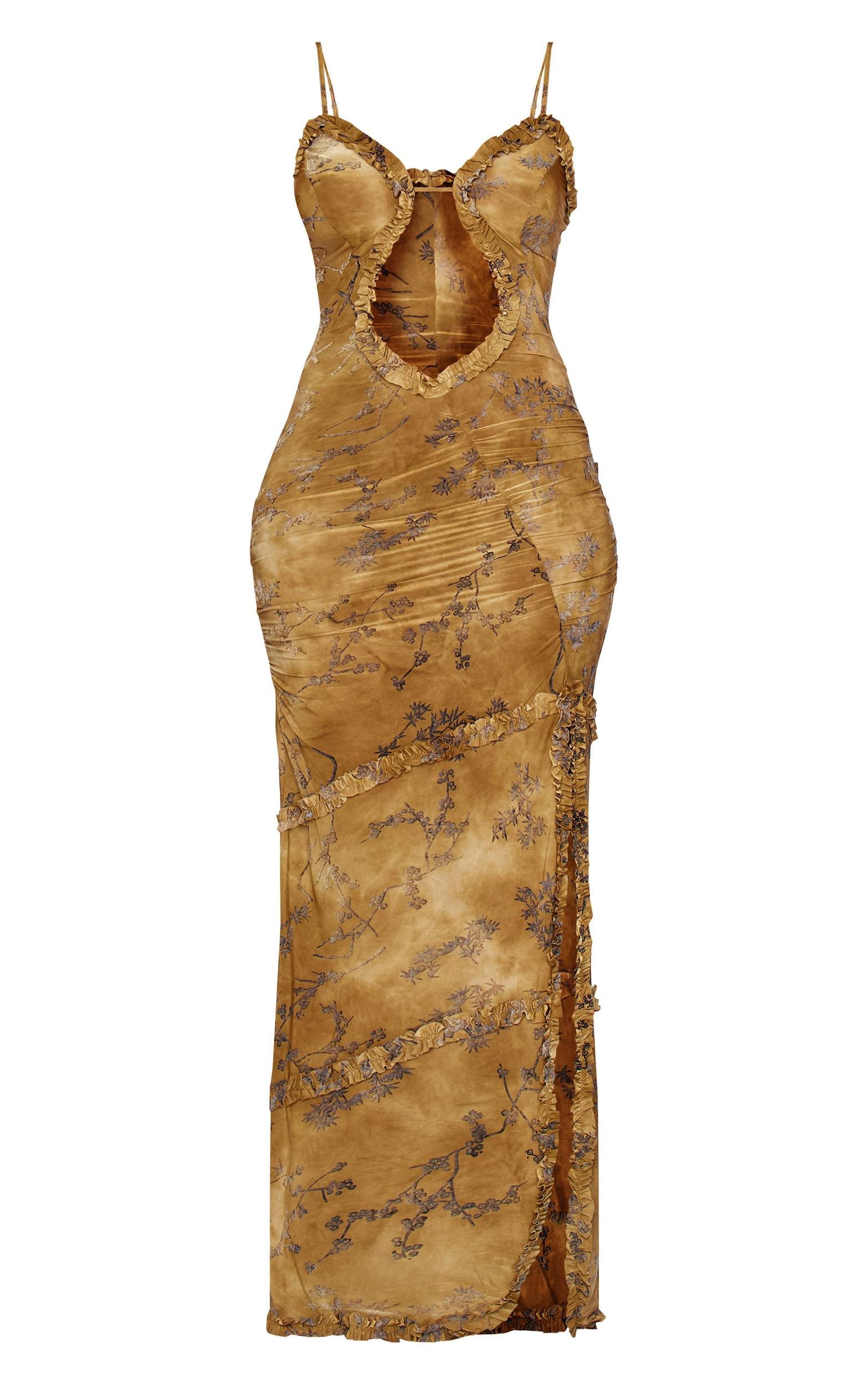 Tall Green Floral Printed Devore Cut Out Cami Spilt Hem Maxi Dress Product Image