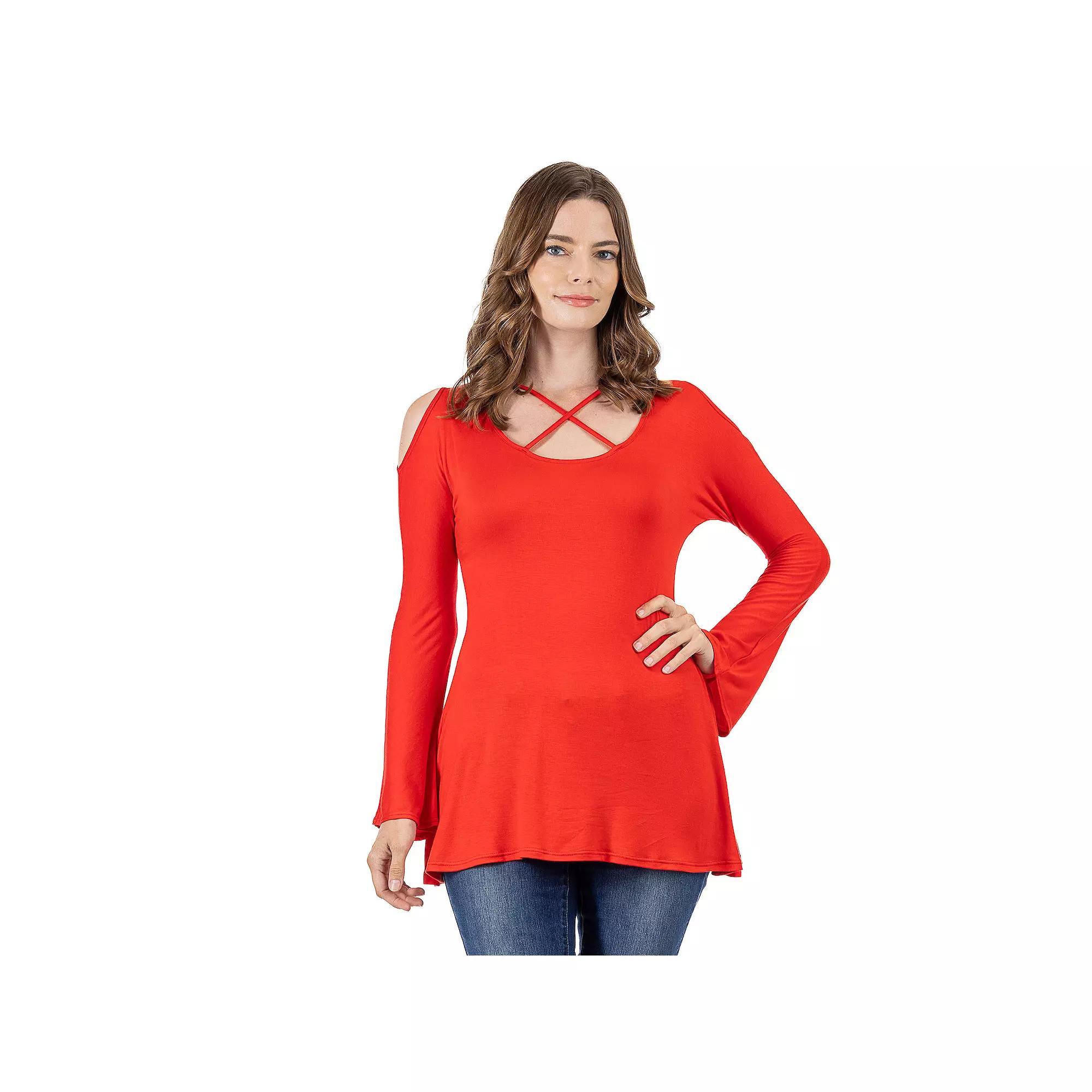 Women's 24Seven Comfort Apparel Criss Cross Cold Shoulder Long Sleeve Top, Size: 1XL, Red Product Image