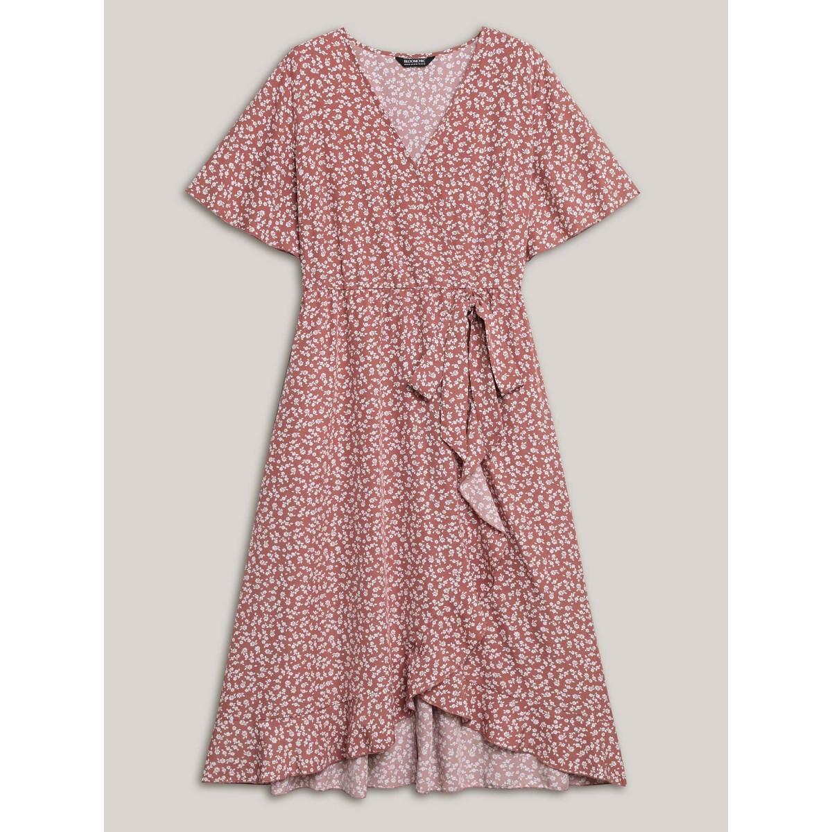 Plus Size Ditsy Floral Print Stretchy-Waist Ruffle Midi Dress DustyPink Women Elegant Overlapping Overlap Collar Short sleeve Curvy BloomChic 18-20/2X Product Image