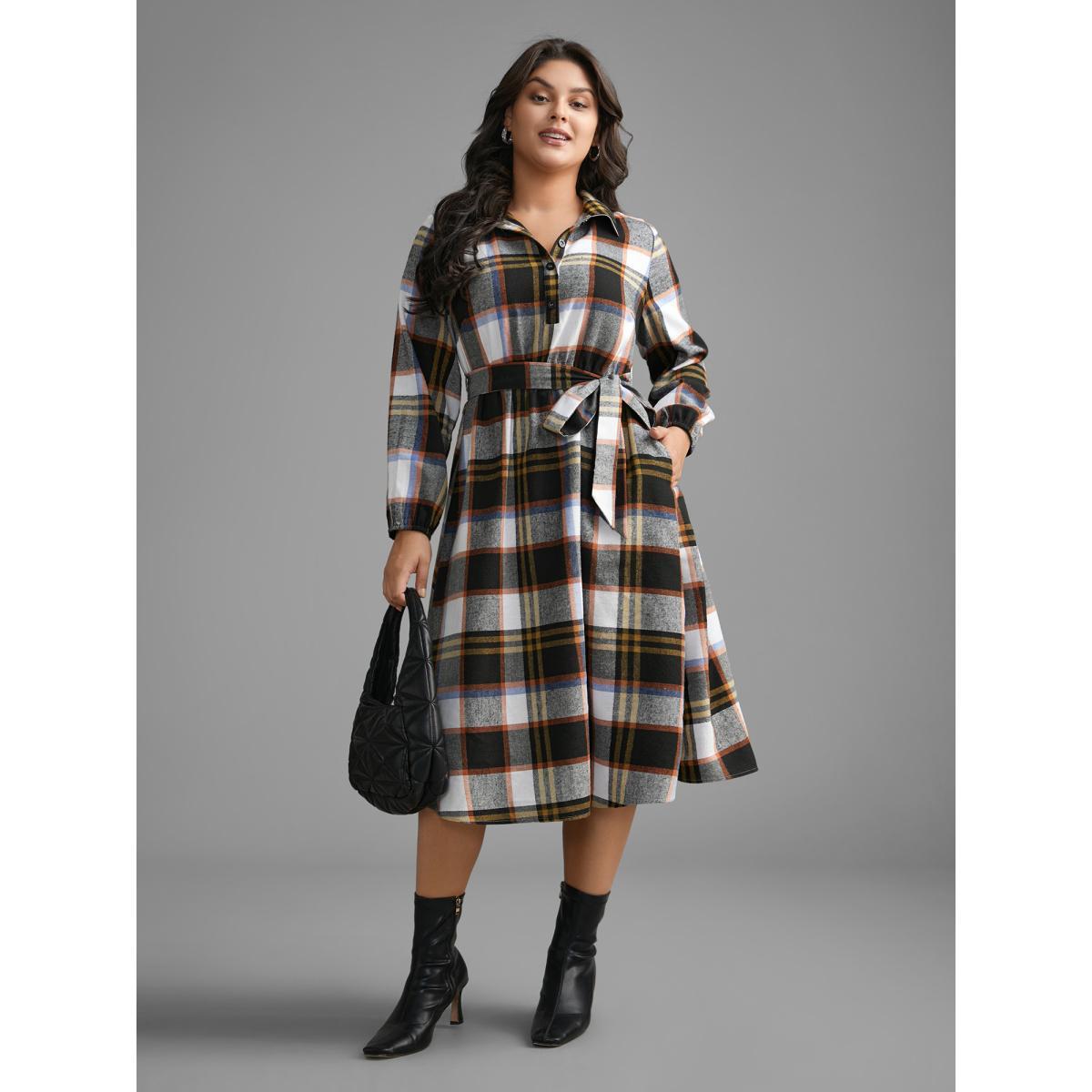Plus Size Plaid Button Up Belted Knit Dress Multicolor Women At the Office Belted Knit Dresses Bloomchic 12/L Product Image