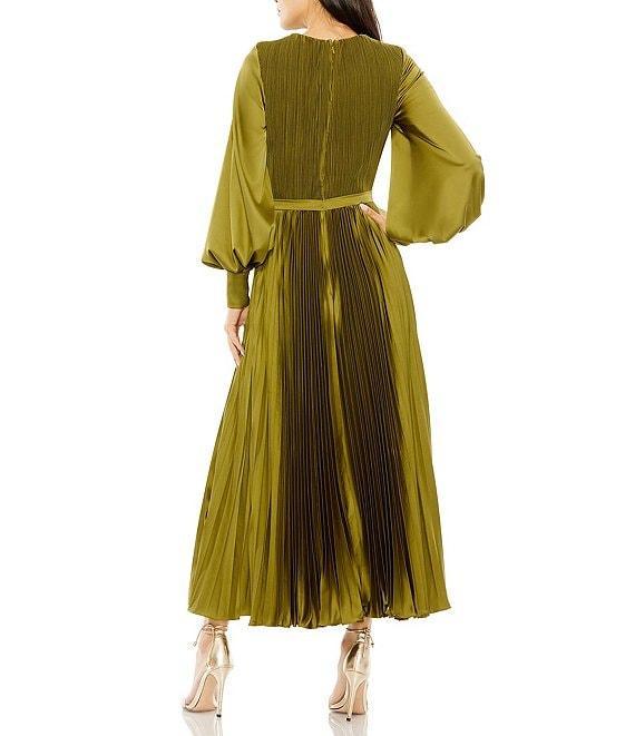 Mac Duggal Pleated Satin Round Neck Long Balloon Sleeve Dress Product Image
