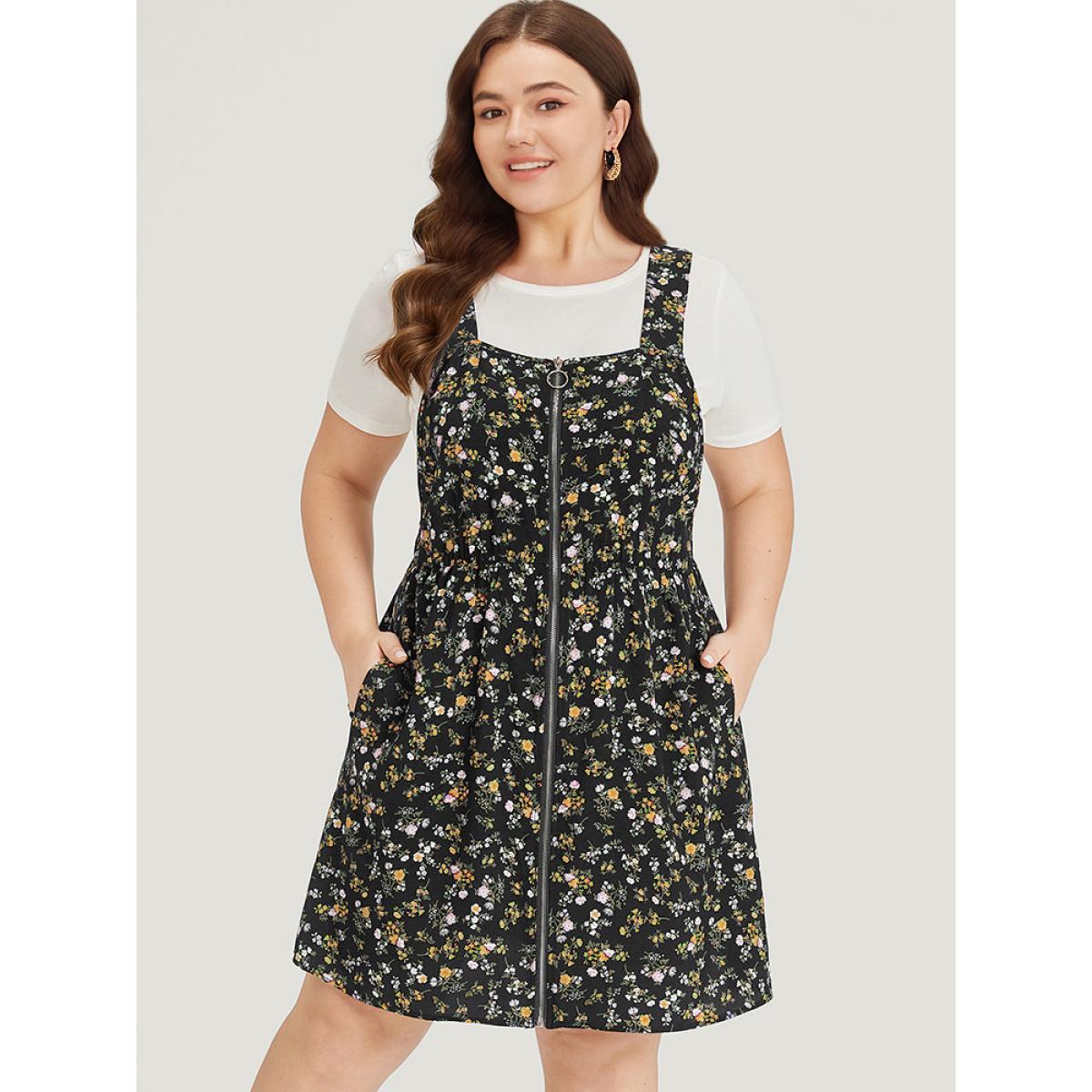 Plus Size Ditsy Floral Pocket Zipper Overall Cami Dress Black Women Casual Zipper Spaghetti Strap Sleeveless Curvy Knee Dress BloomChic 30/6X Product Image