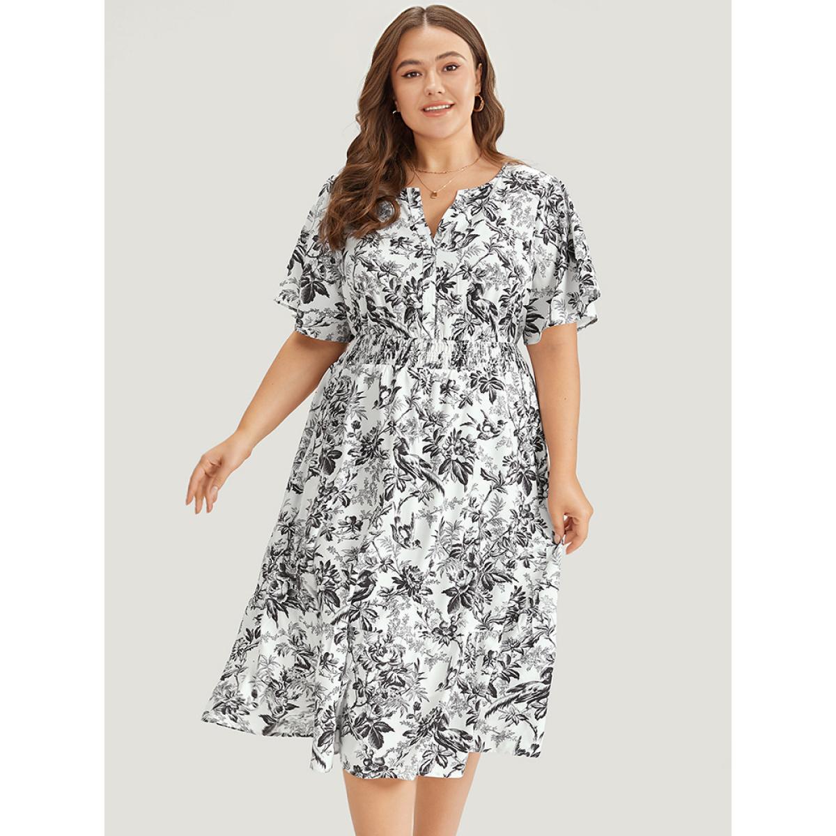 Plus Size Silhouette Floral Print Shirred Notched Pocket Ruffles Dress Black Women Elegant Shirred Notched collar Short sleeve Curvy Midi Dress BloomChic 26/4X Product Image