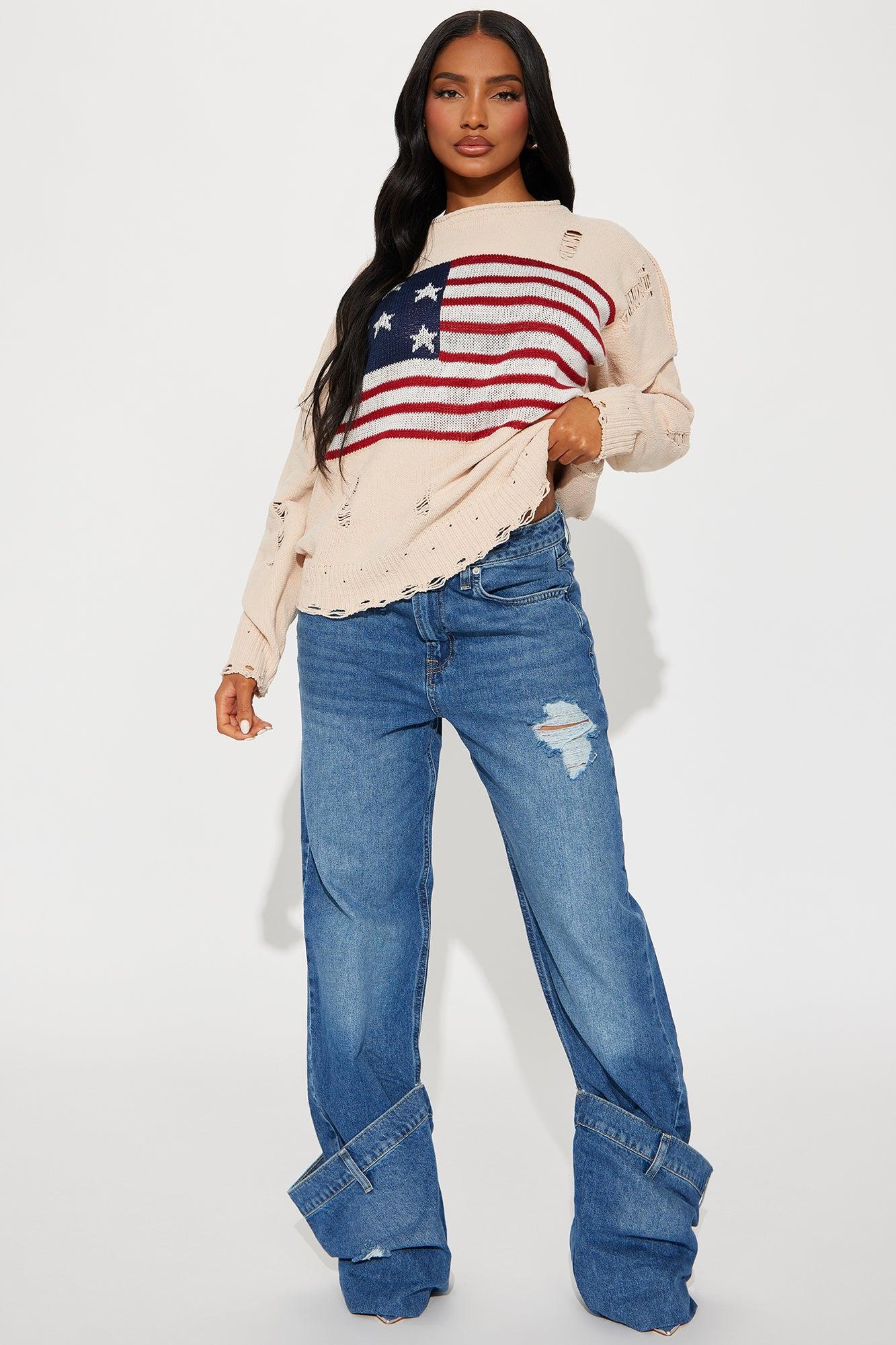 Proud Distressed Flag Sweater - Beige Product Image