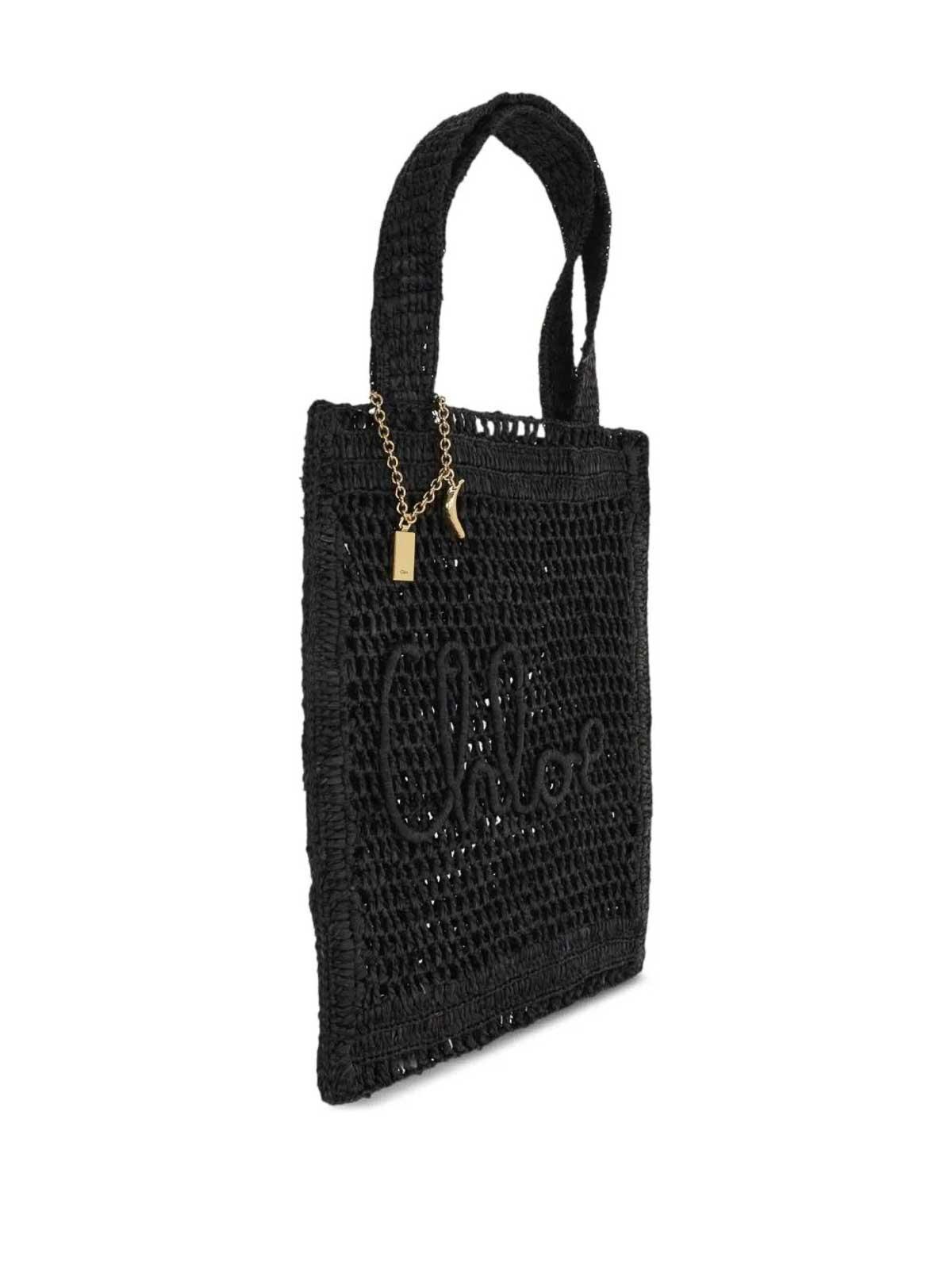 CHLOÉ Summer Banana Embellished Crocheted Embroidered Faux Raffia Tote In Black Product Image