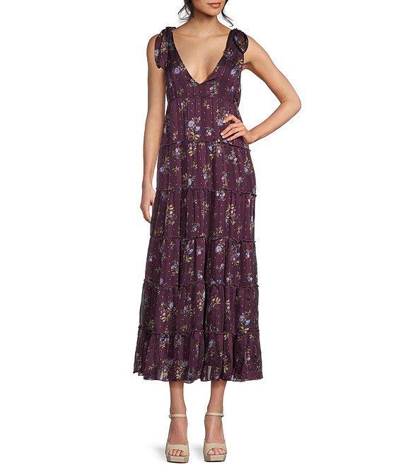 Storia Floral Print Plunge Neck Tie-Shoulder Tiered Open Back Midi Dress Product Image