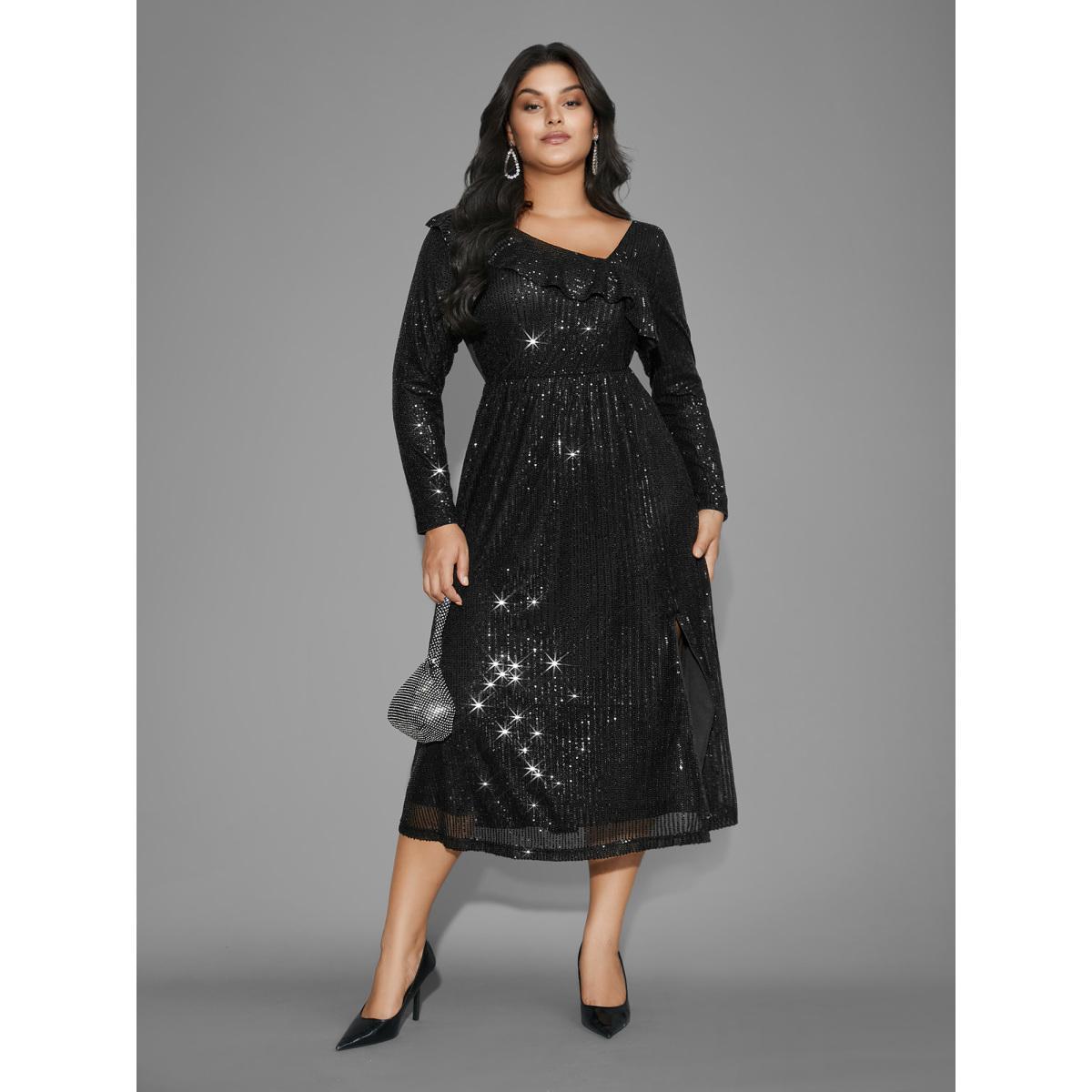 Plus Size Sequin Mesh Asymmetrical Neck Midi Dress Black Women Cocktail Texture Party Curvy Bloomchic 14-16/1X Product Image