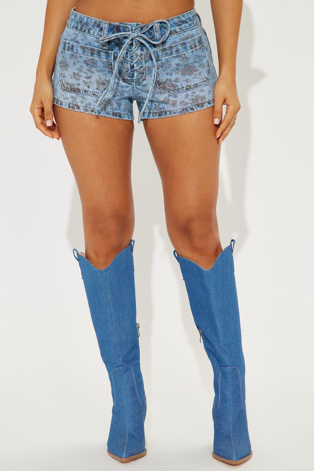 Garden Parties Stretch Lace Up Denim Shorts - Medium Wash Product Image