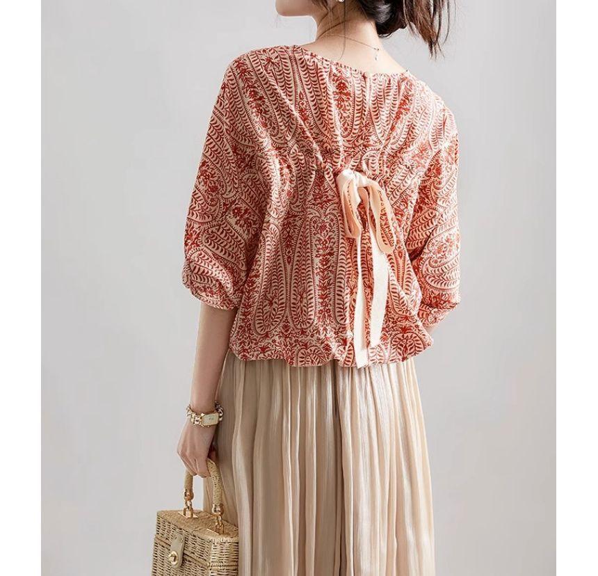 Short-Sleeve Floral Embroidered Bow Back Blouse Product Image