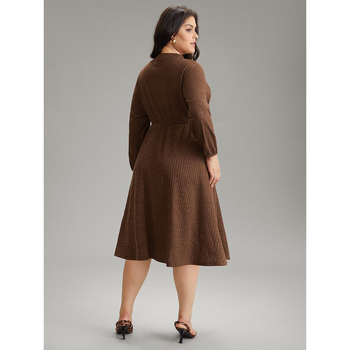 Plus Size Rib Knit Mock Neck Button Detail Lantern Sleeve Dress DarkBrown Women Office Elastic cuffs Mock Neck Long Sleeve Curvy Midi Dress BloomChic 12/L Product Image