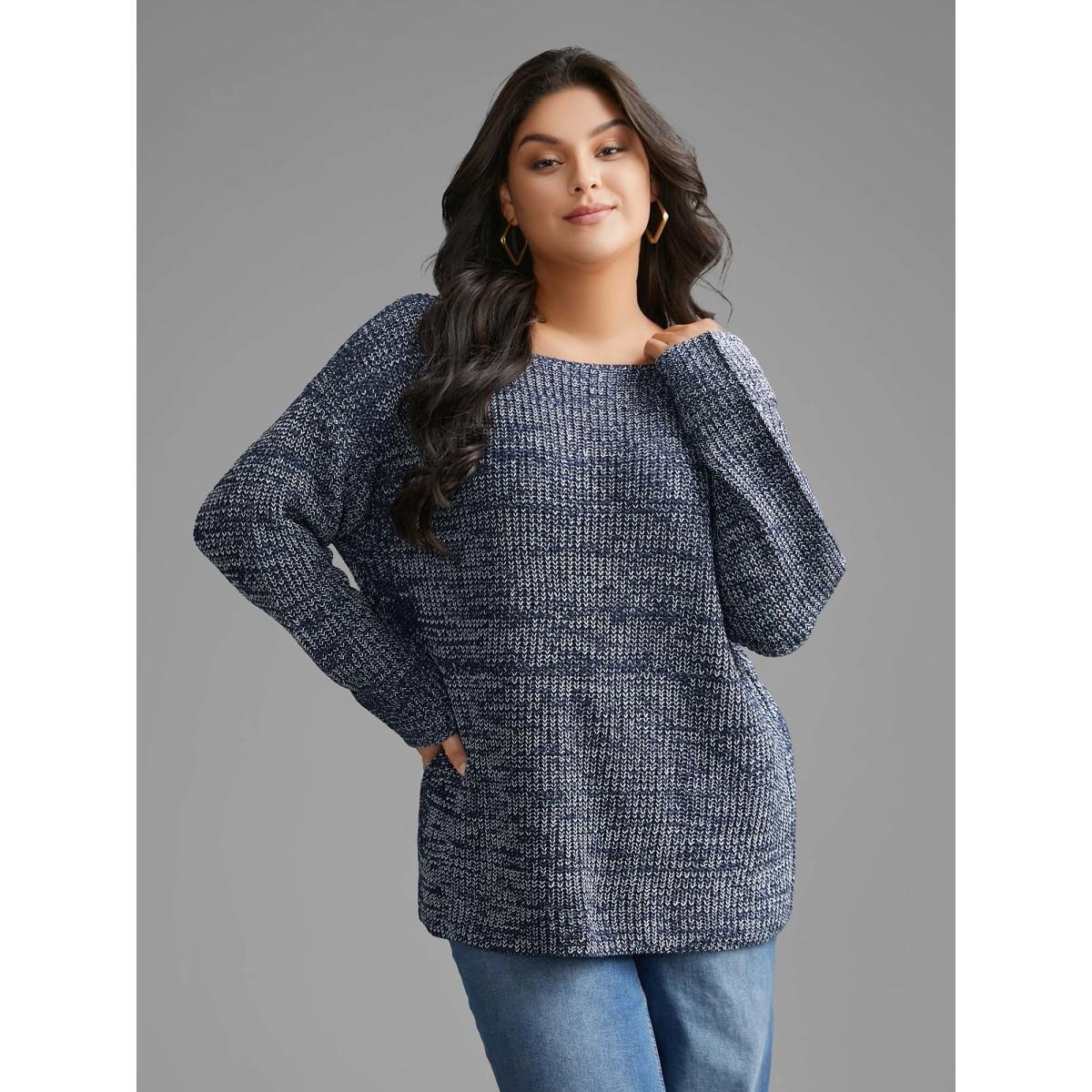 Plus Size Heather Boat Neck Drop Shoulder Sleeve Pullover Indigo Women Casual Loose Extra Long Sleeve Boat Neck Everyday Pullovers BloomChic 28/5X Product Image