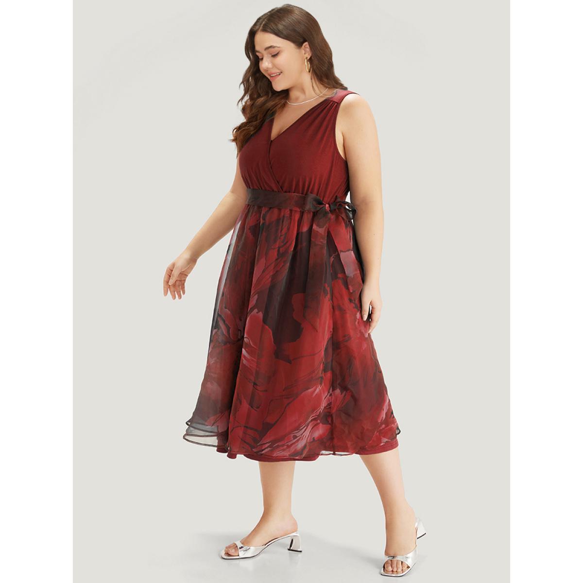 Plus Size Floral Print Belted Patchwork Pocket Tank Dress Burgundy Women Glamour Wrap Overlap Collar Sleeveless Curvy Midi Dress BloomChic 22-24/3X Product Image