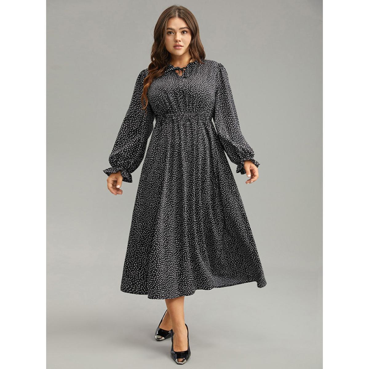 Plus Size Water Drop Print Shirred Frill Trim Tie Neck Dress BlackFlower Women Office Cross straps Tie Neck Long Sleeve Curvy Midi Dress BloomChic 30/6X Product Image